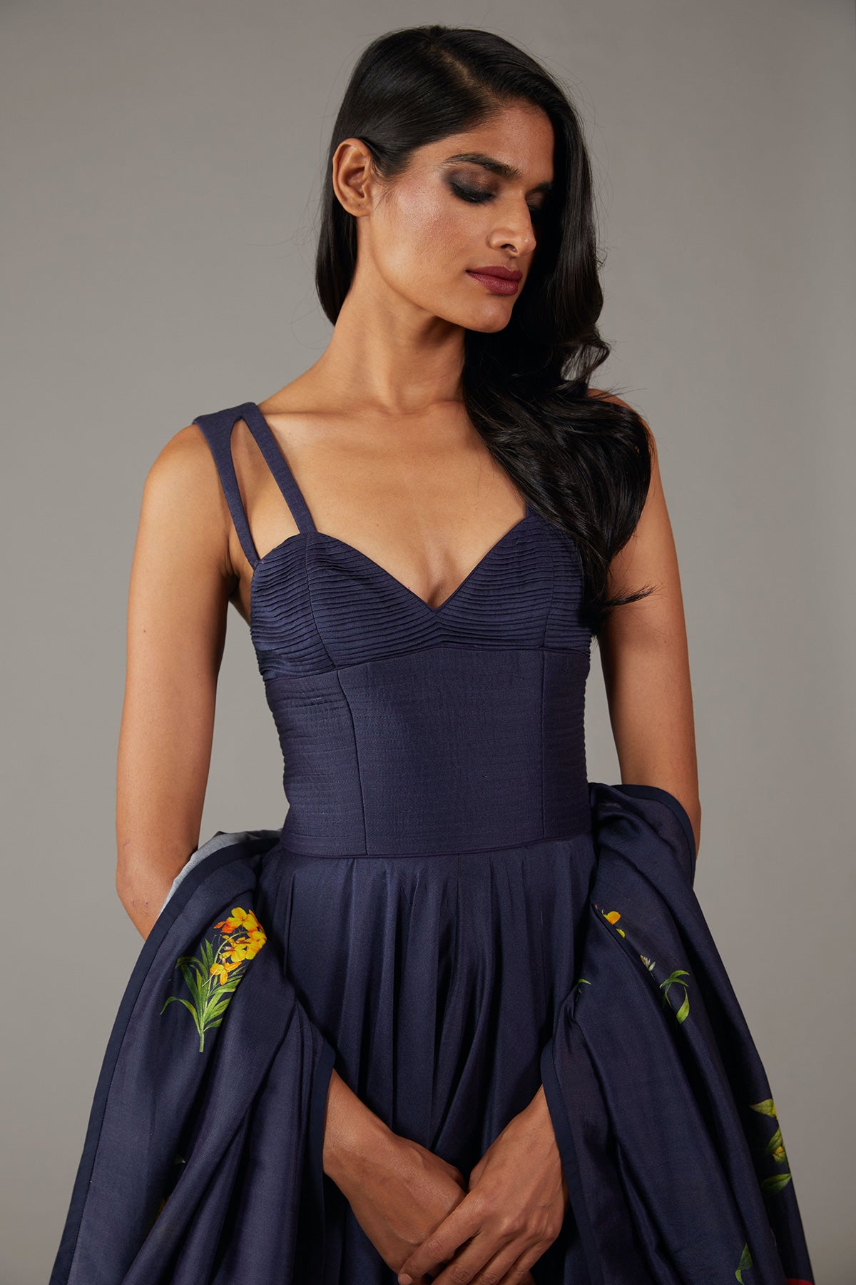 Chanderi Floral Printed Indigo Anarkali Set