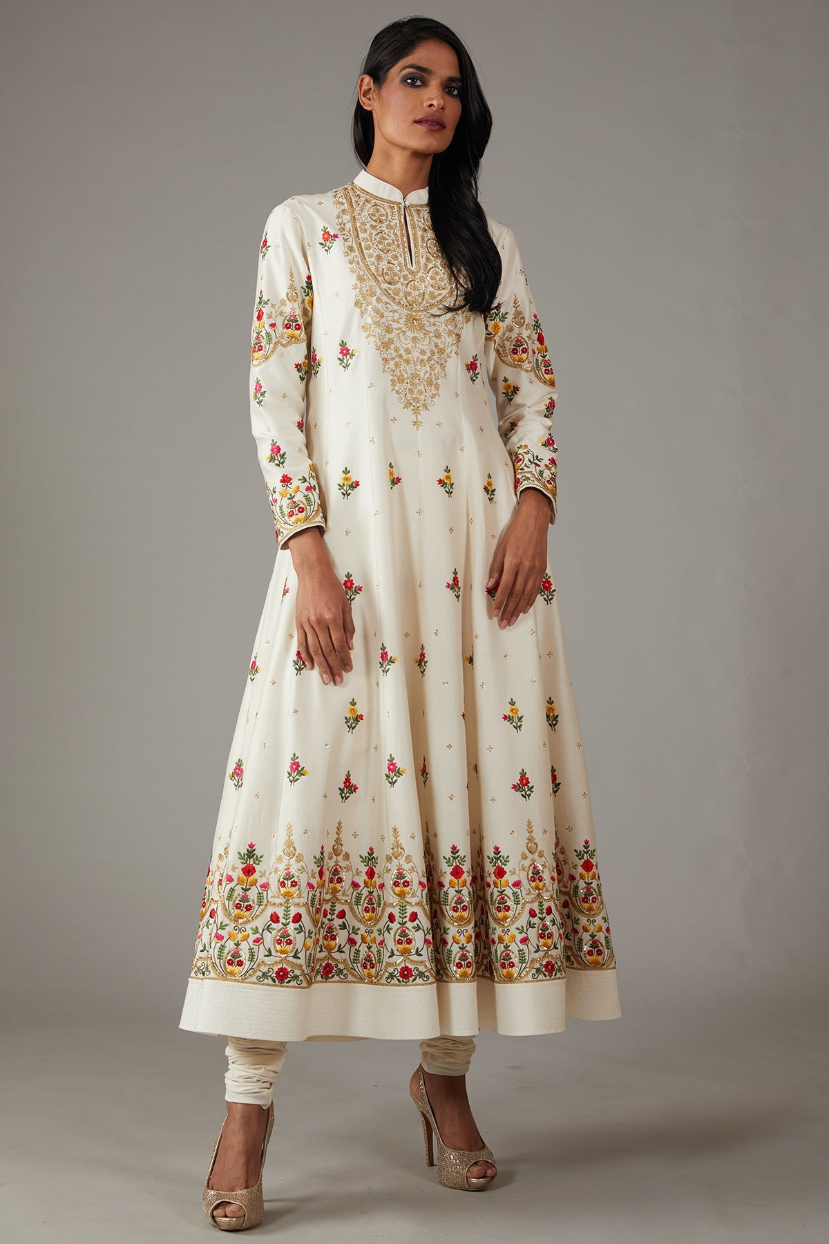 Ivory Chanderi Embroidered A-Line Kurta Set