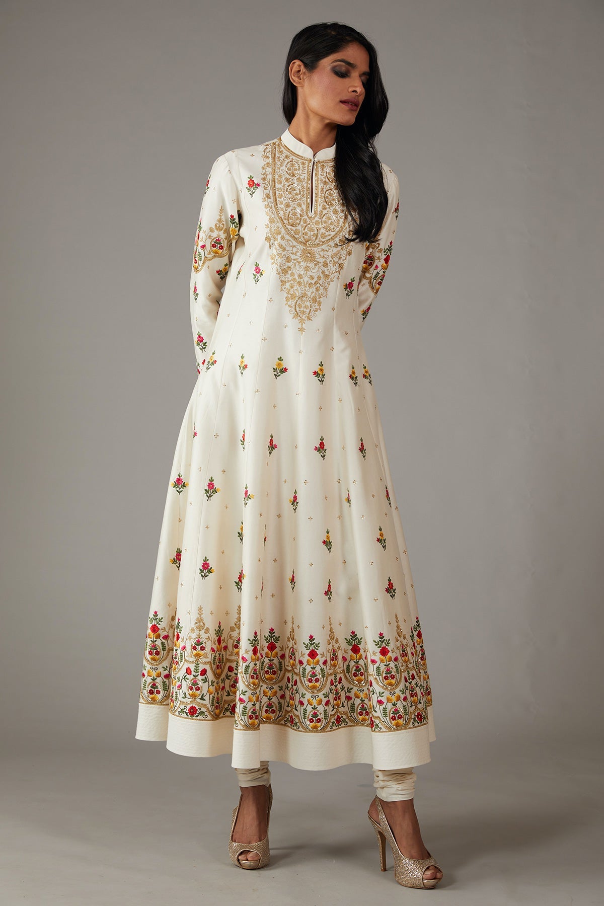Ivory Chanderi Embroidered A-Line Kurta Set