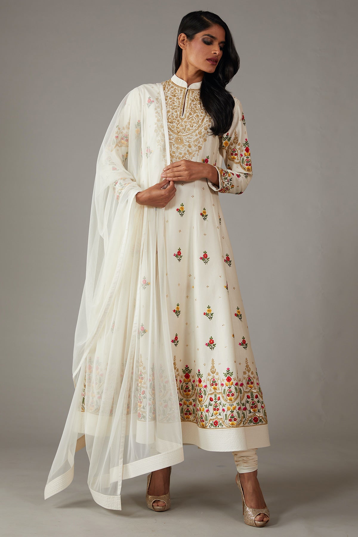 Ivory Chanderi Embroidered A-Line Kurta Set