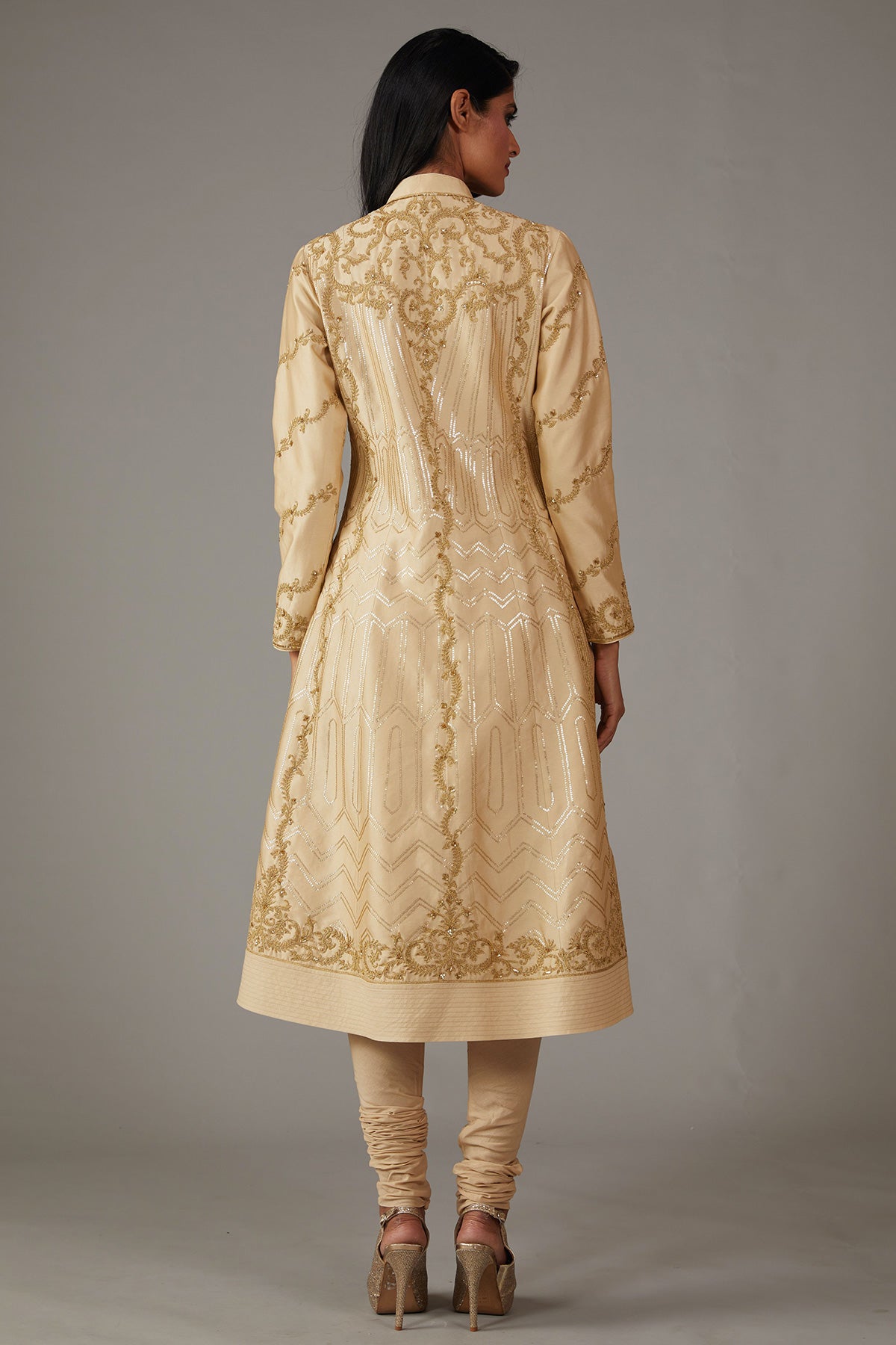 Beige Chanderi Embroidered A-Line Kurta Set