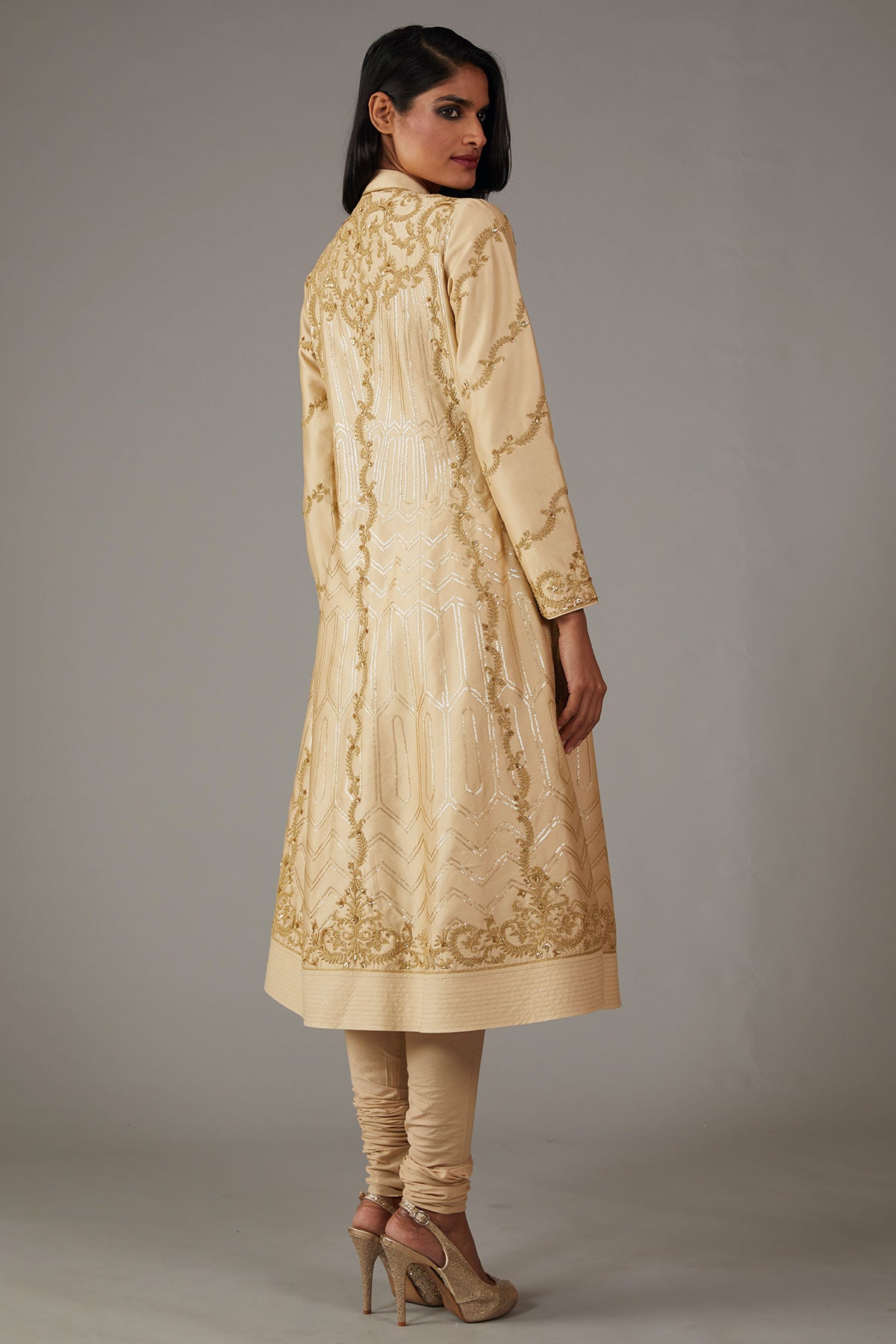 Beige Chanderi Embroidered A-Line Kurta Set