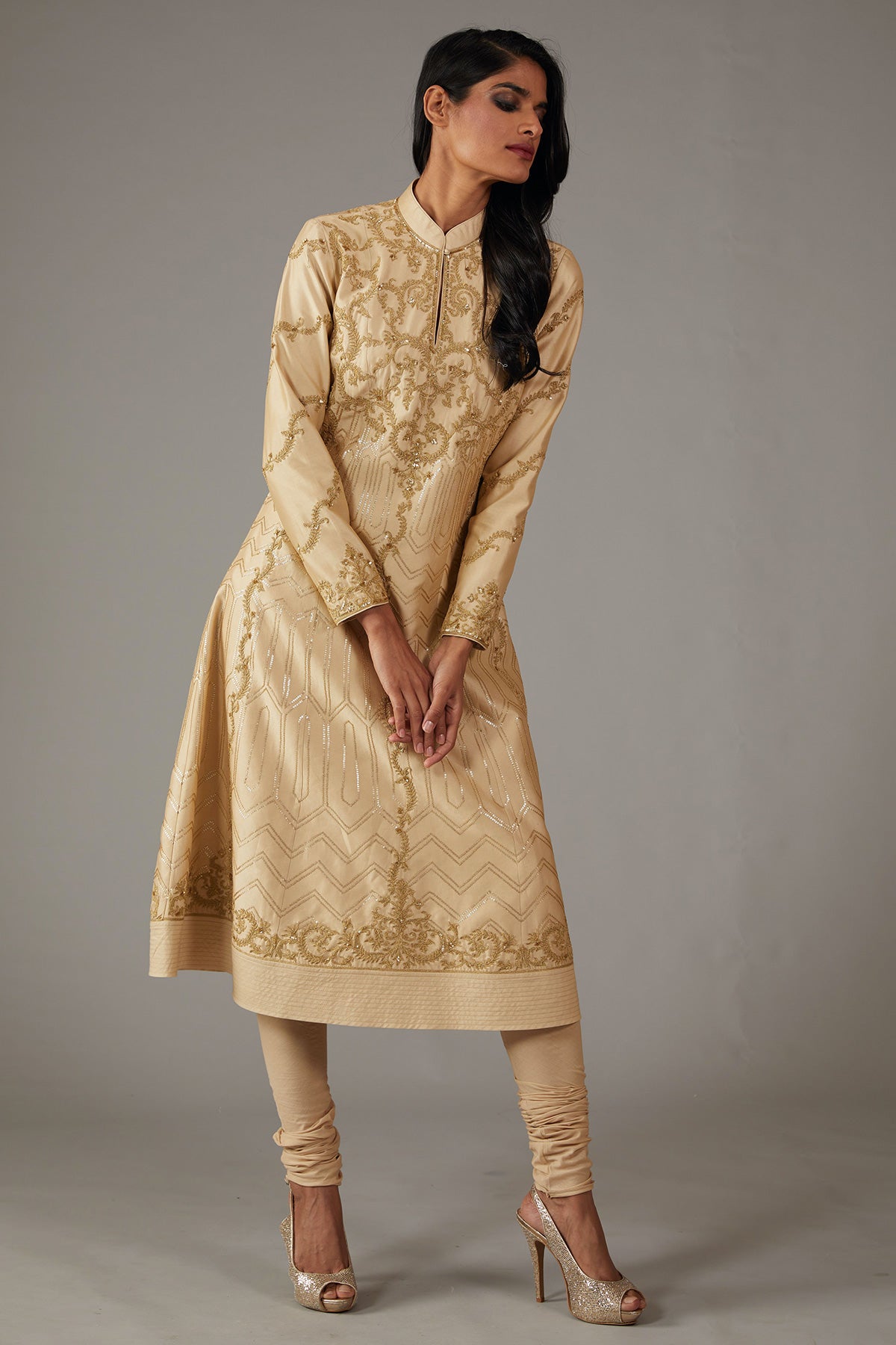 Beige Chanderi Embroidered A-Line Kurta Set