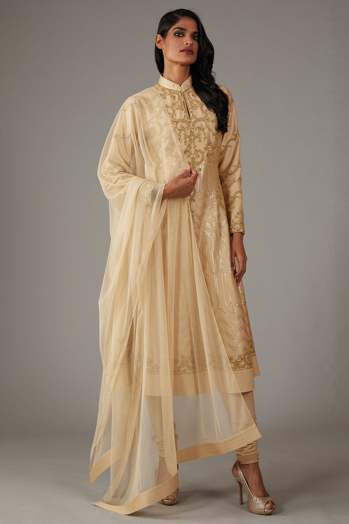 Beige Chanderi Embroidered A-Line Kurta Set