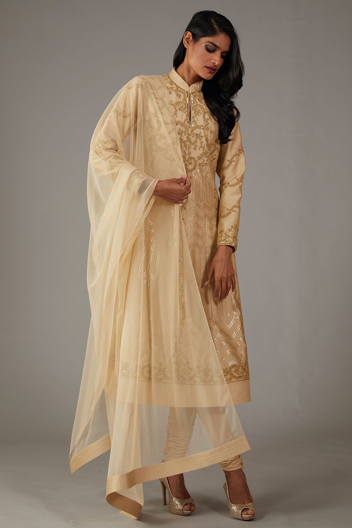 Beige Chanderi Embroidered A-Line Kurta Set