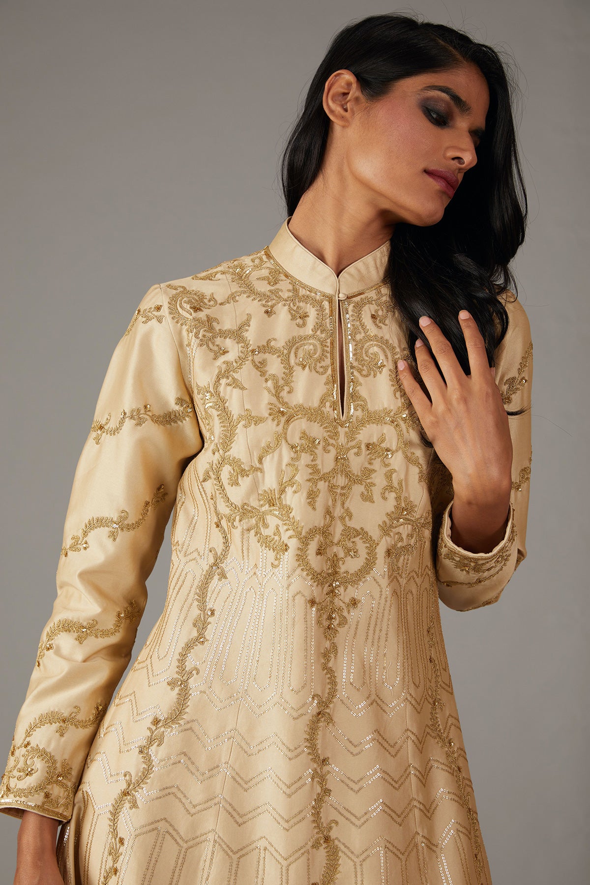 Beige Chanderi Embroidered A-Line Kurta Set