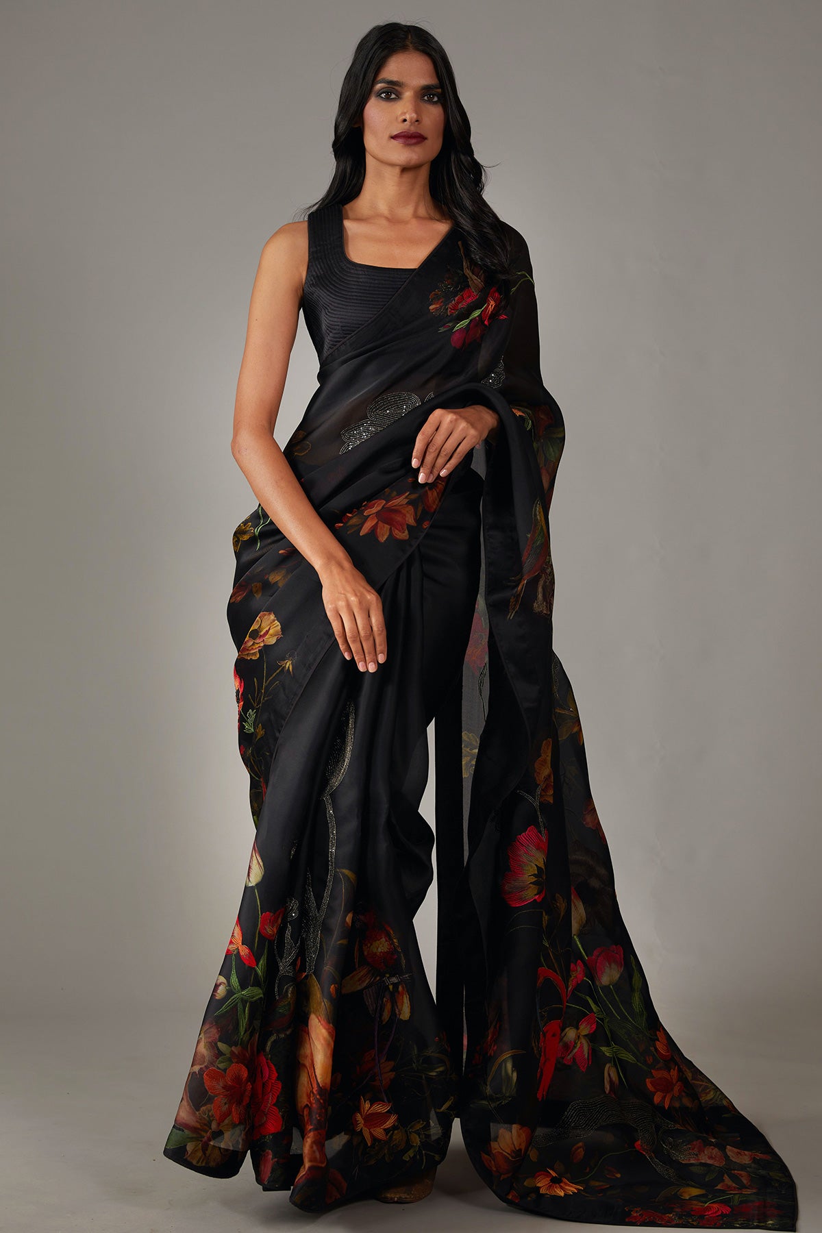 Digital Print Organza Saree With Embroidery
