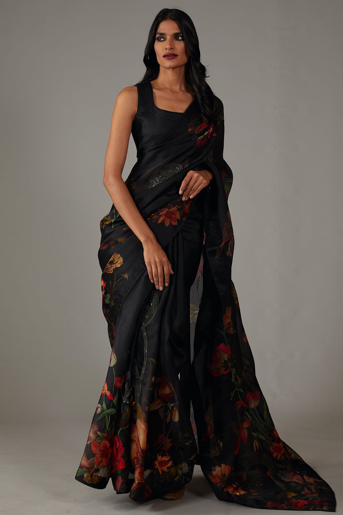 Digital Print Organza Saree With Embroidery