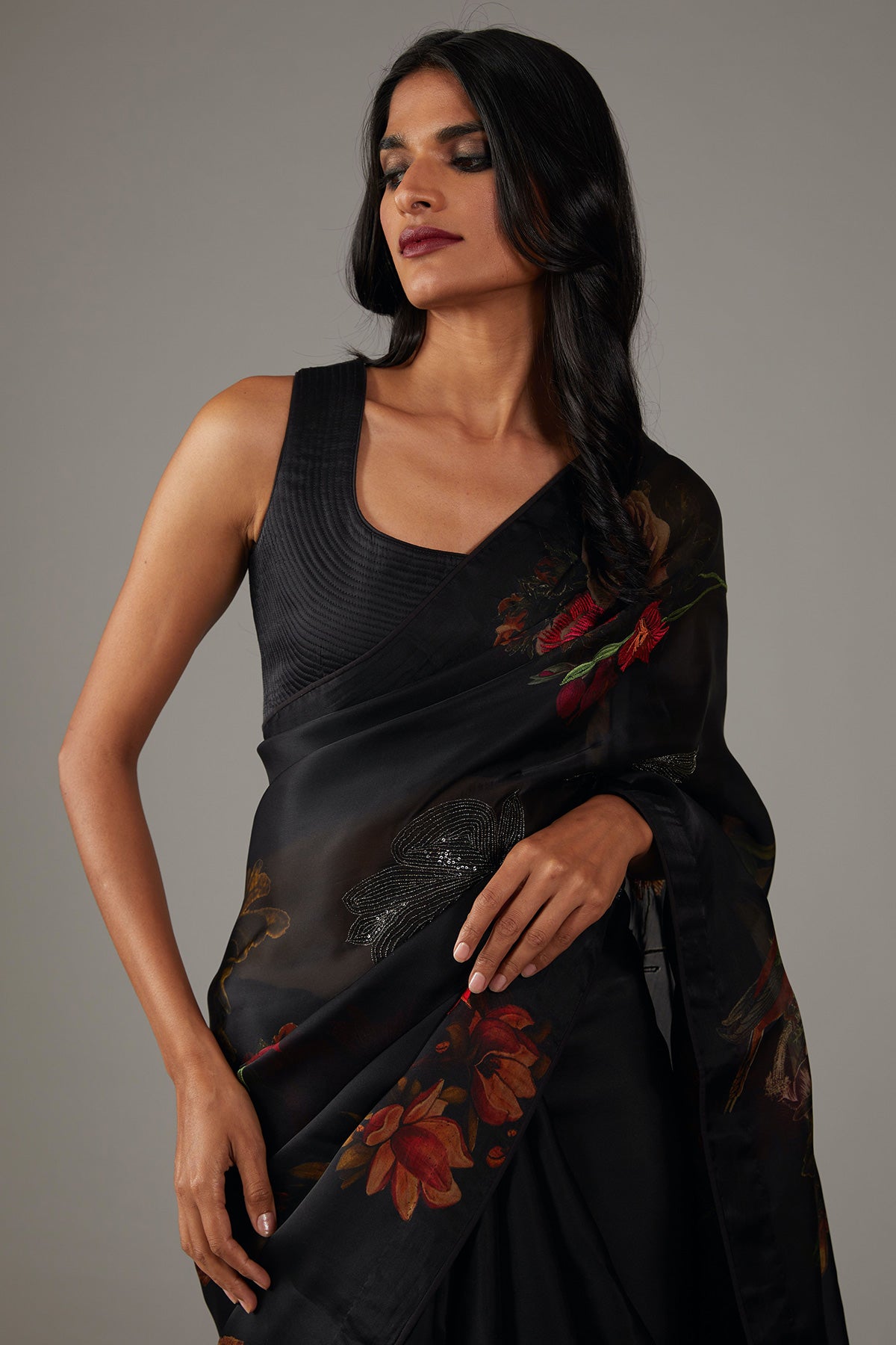 Digital Print Organza Saree With Embroidery