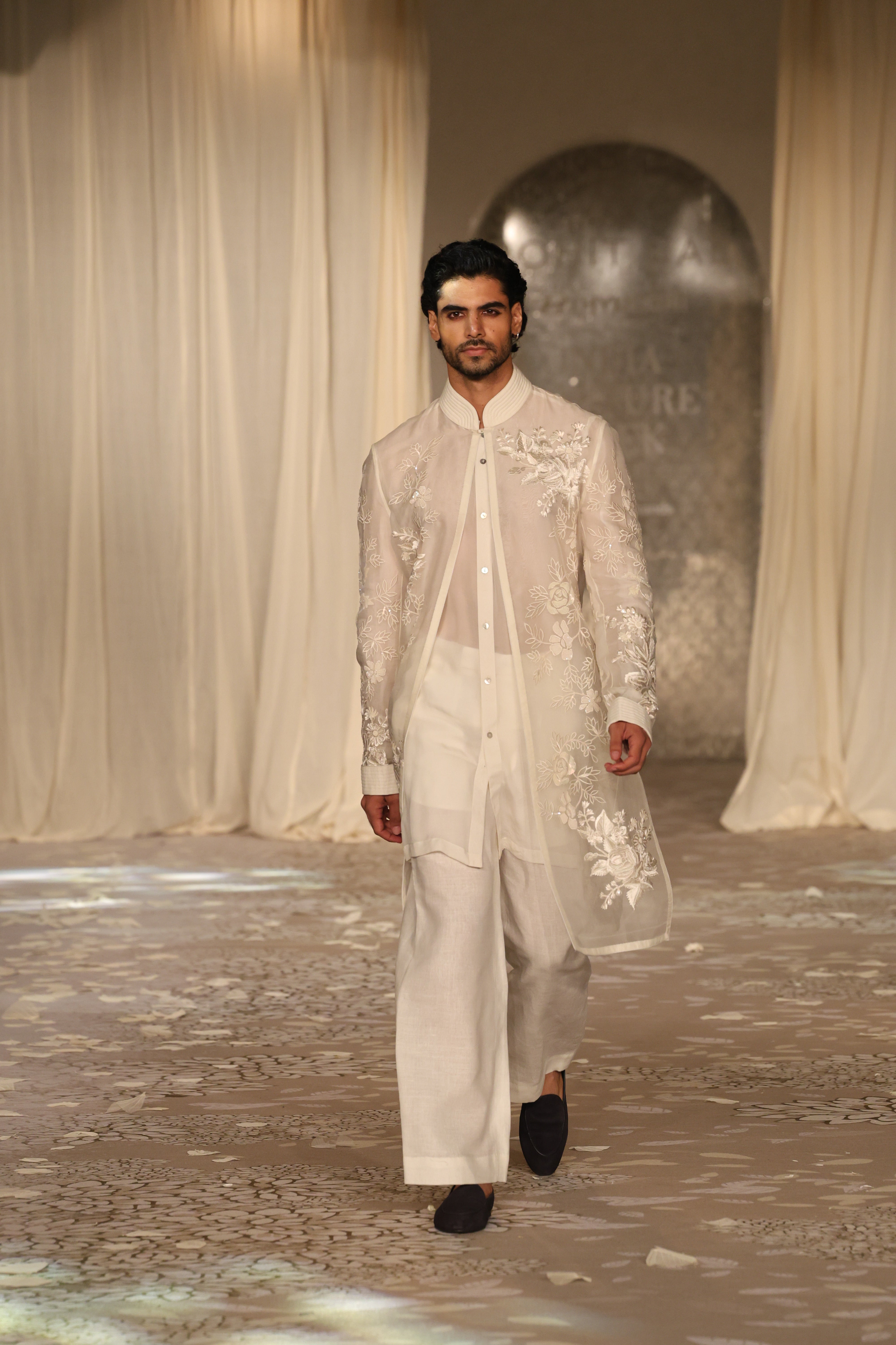 Ivory Organza Sherwani With Embroidery