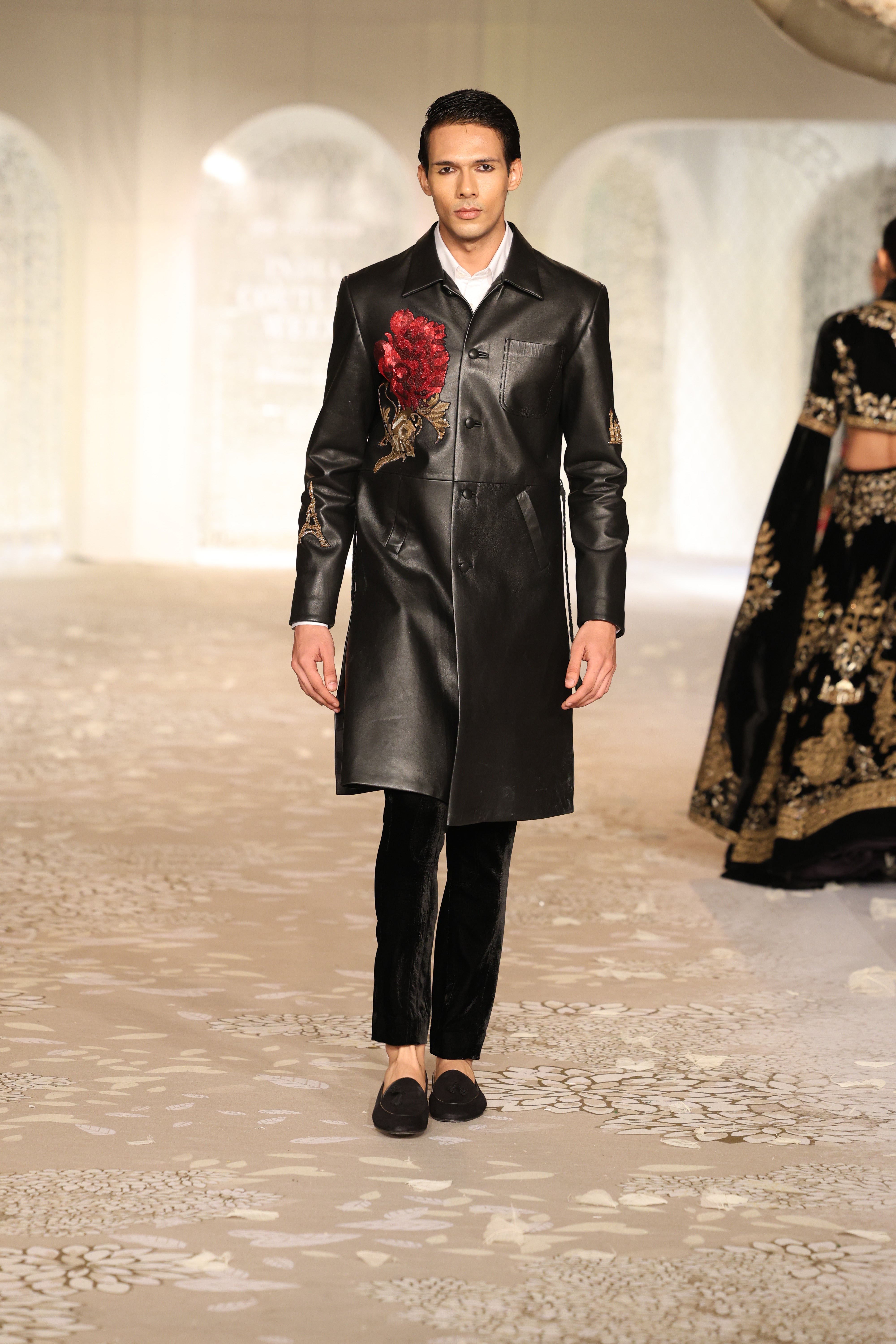 Leather Long Jacket with Floral Embroidery