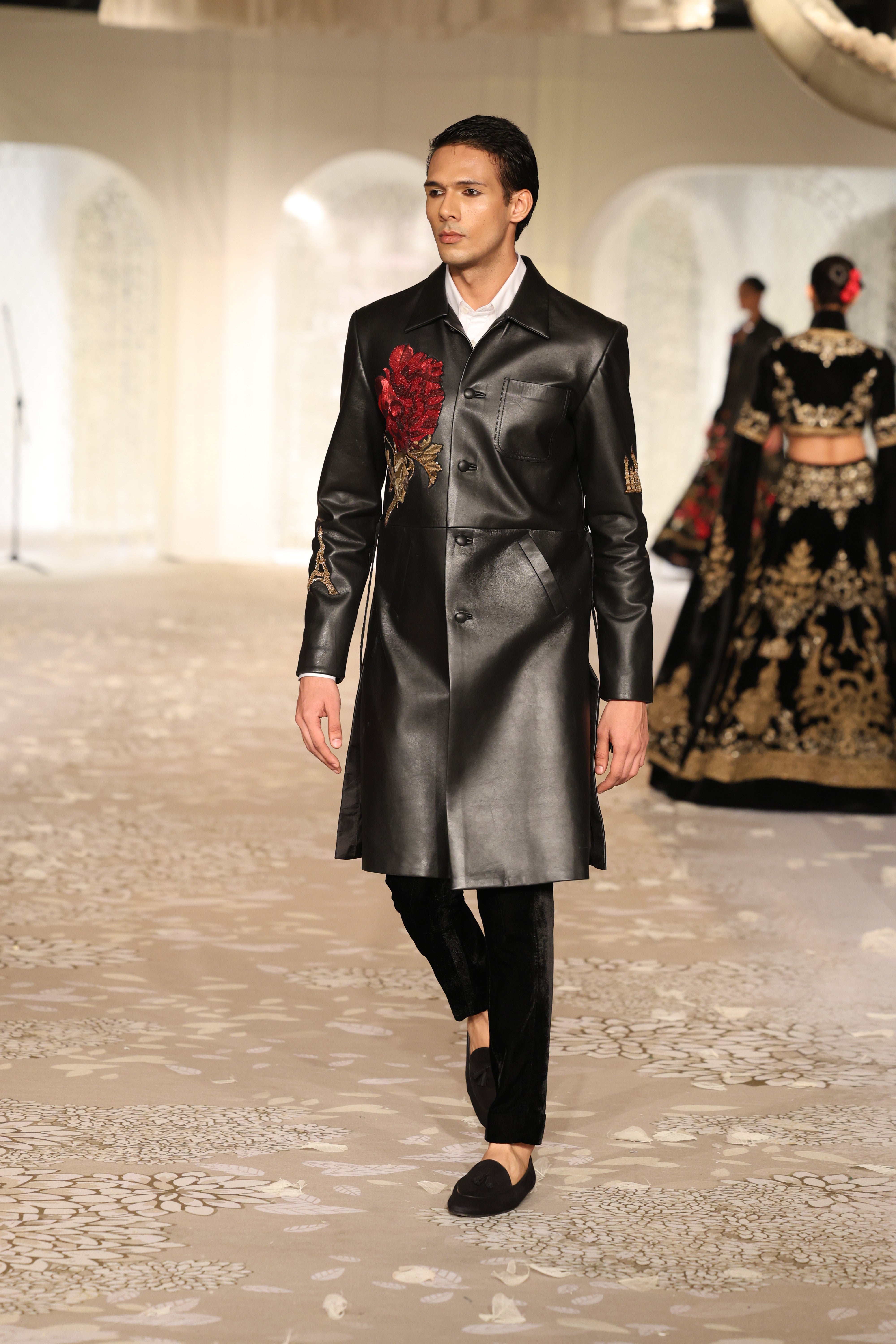 Leather Long Jacket with Floral Embroidery