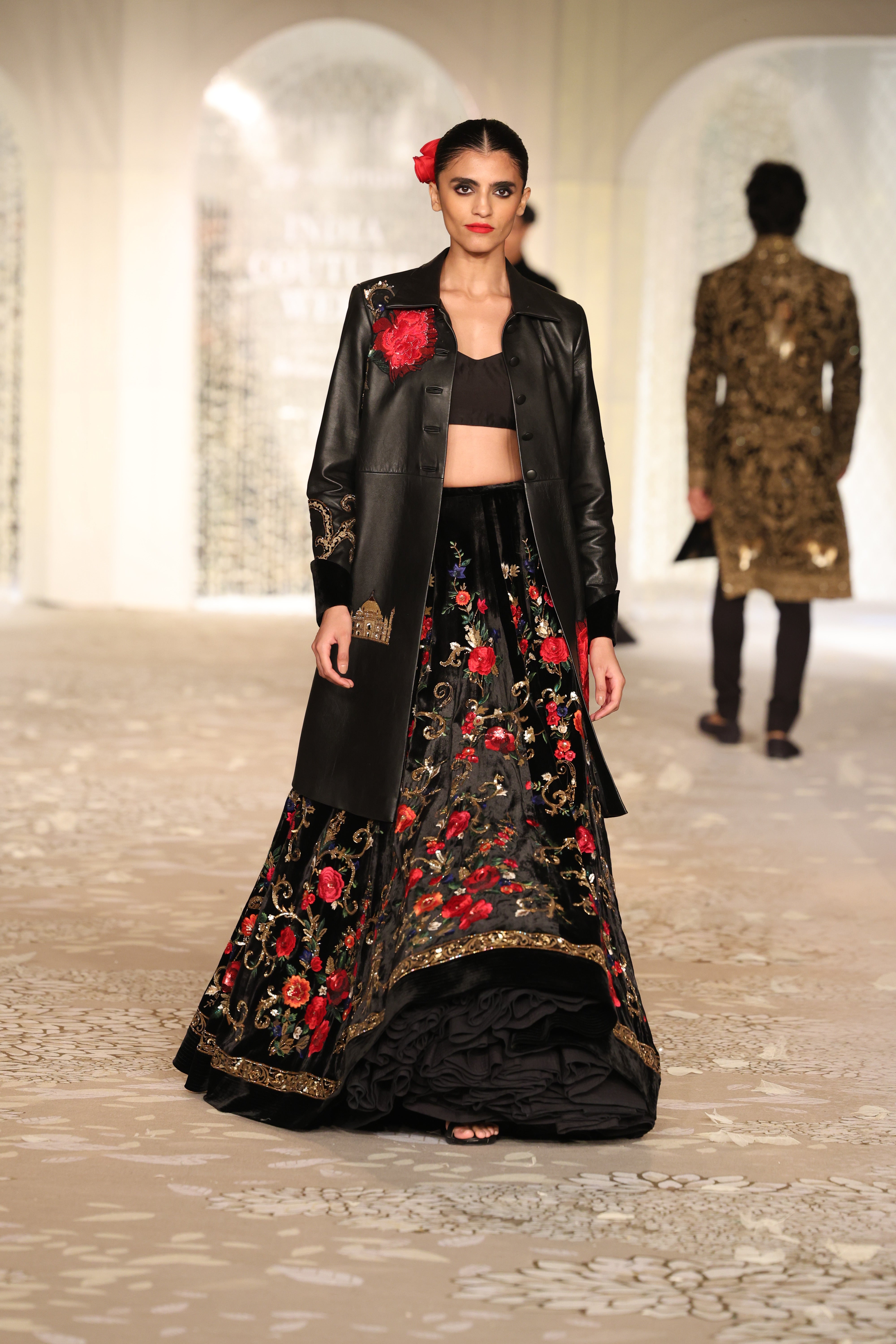 Embroidered Leather Long Jacket