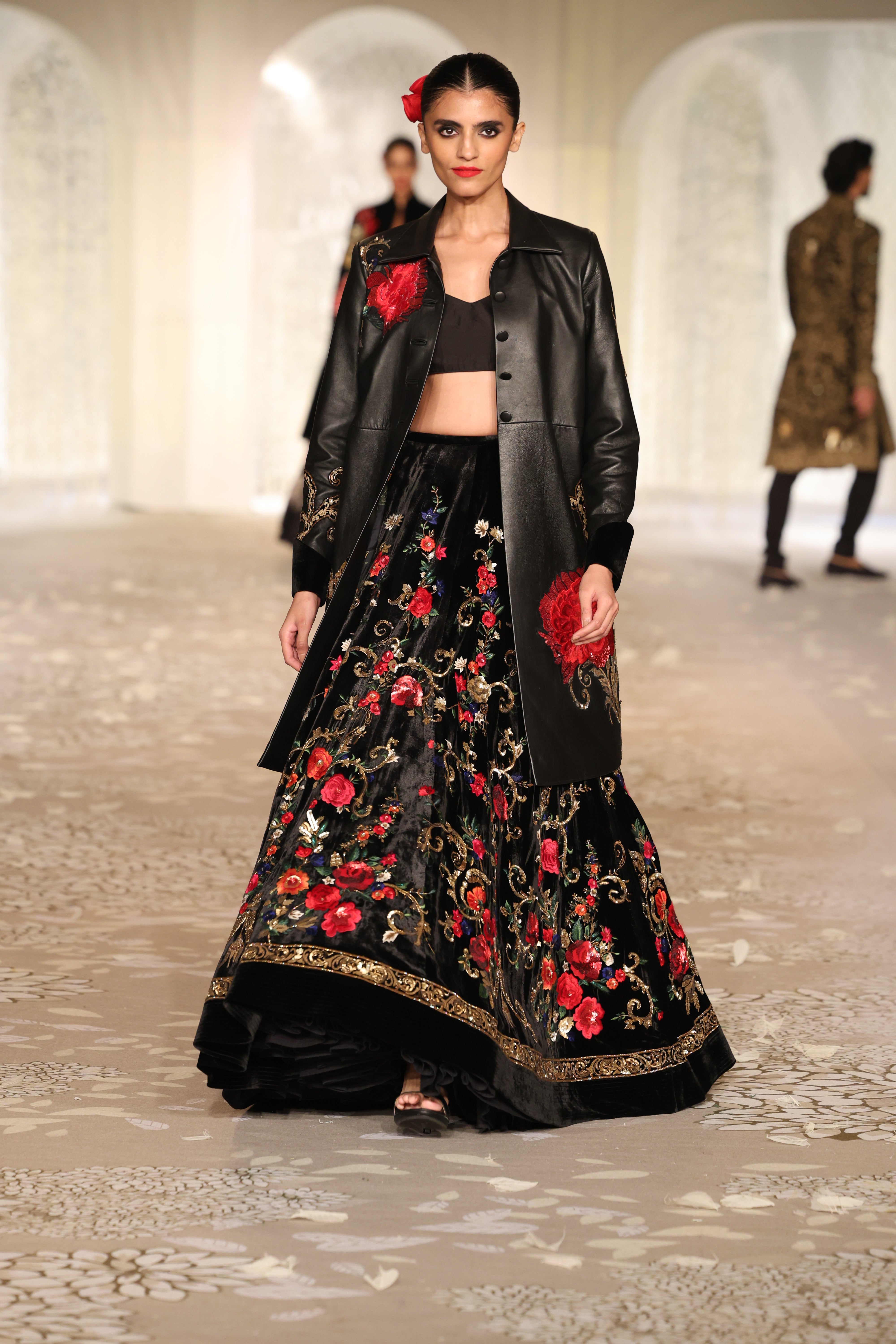 Embroidered Leather Long Jacket