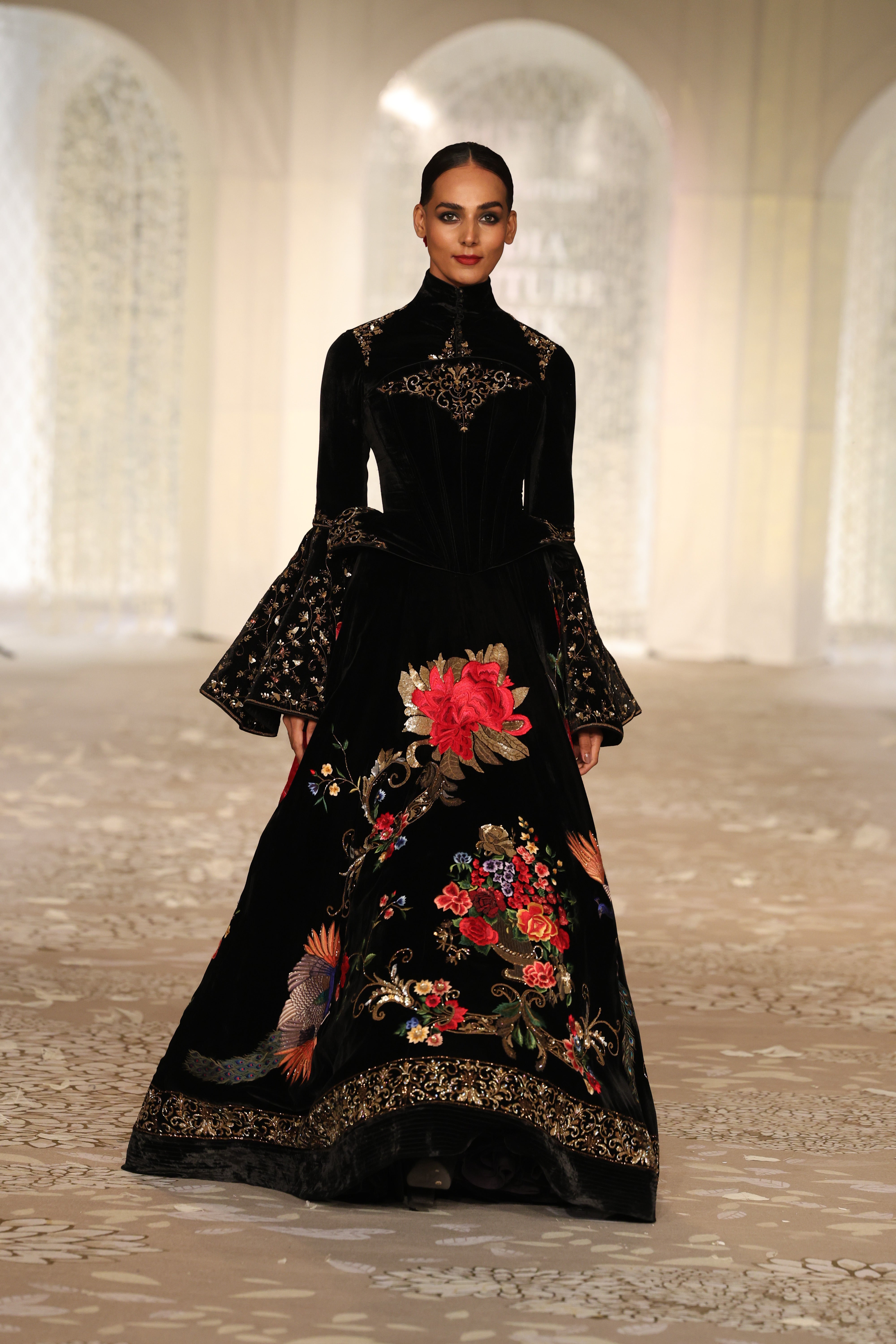 Velvet lehenga set with floral Embroidery