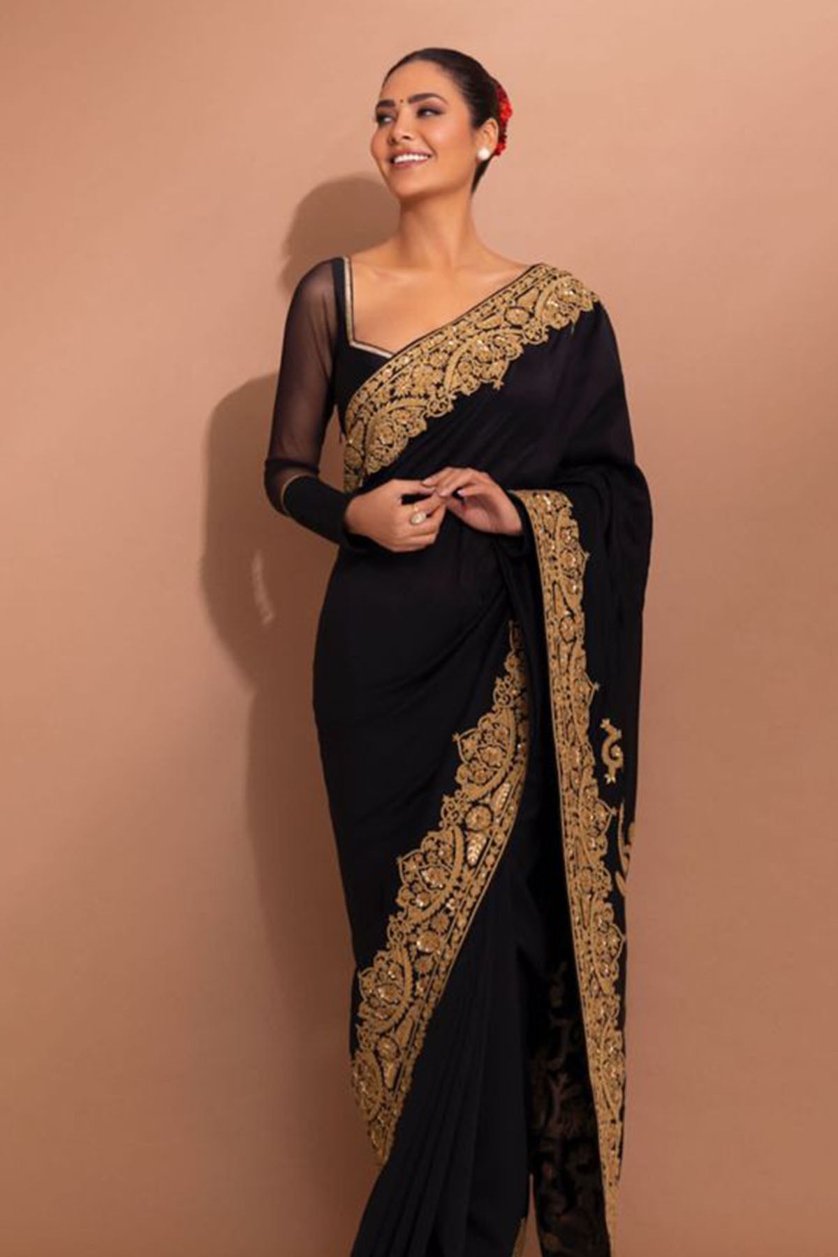 Black Embroidered Sequinned Saree main image 1
