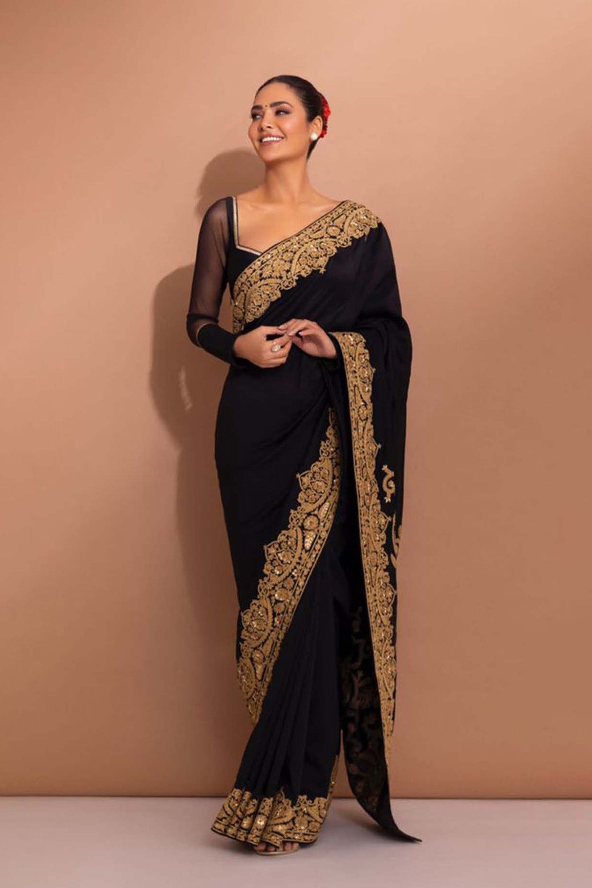 Women's Embroidered Black Saree