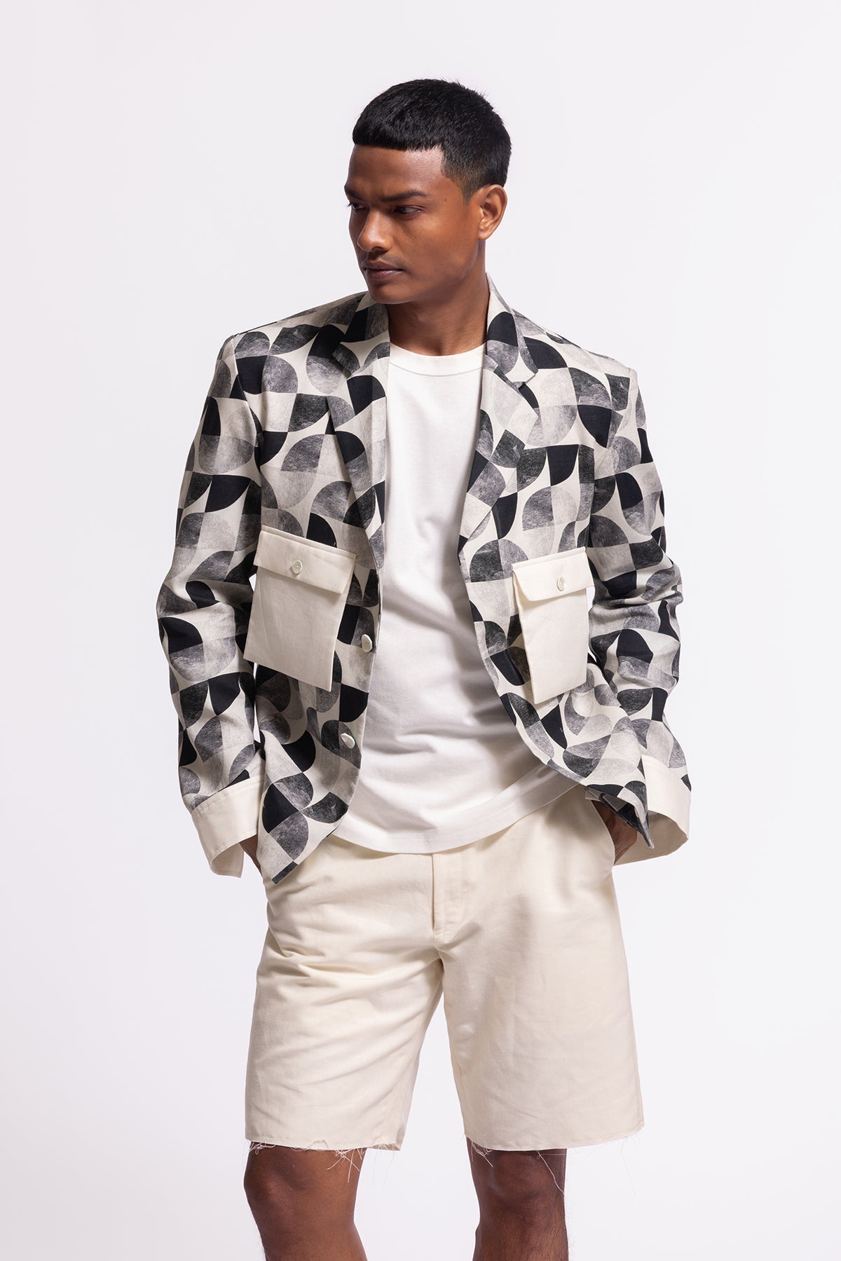 Men's Ivory Printed Linen Jacket with Pockets