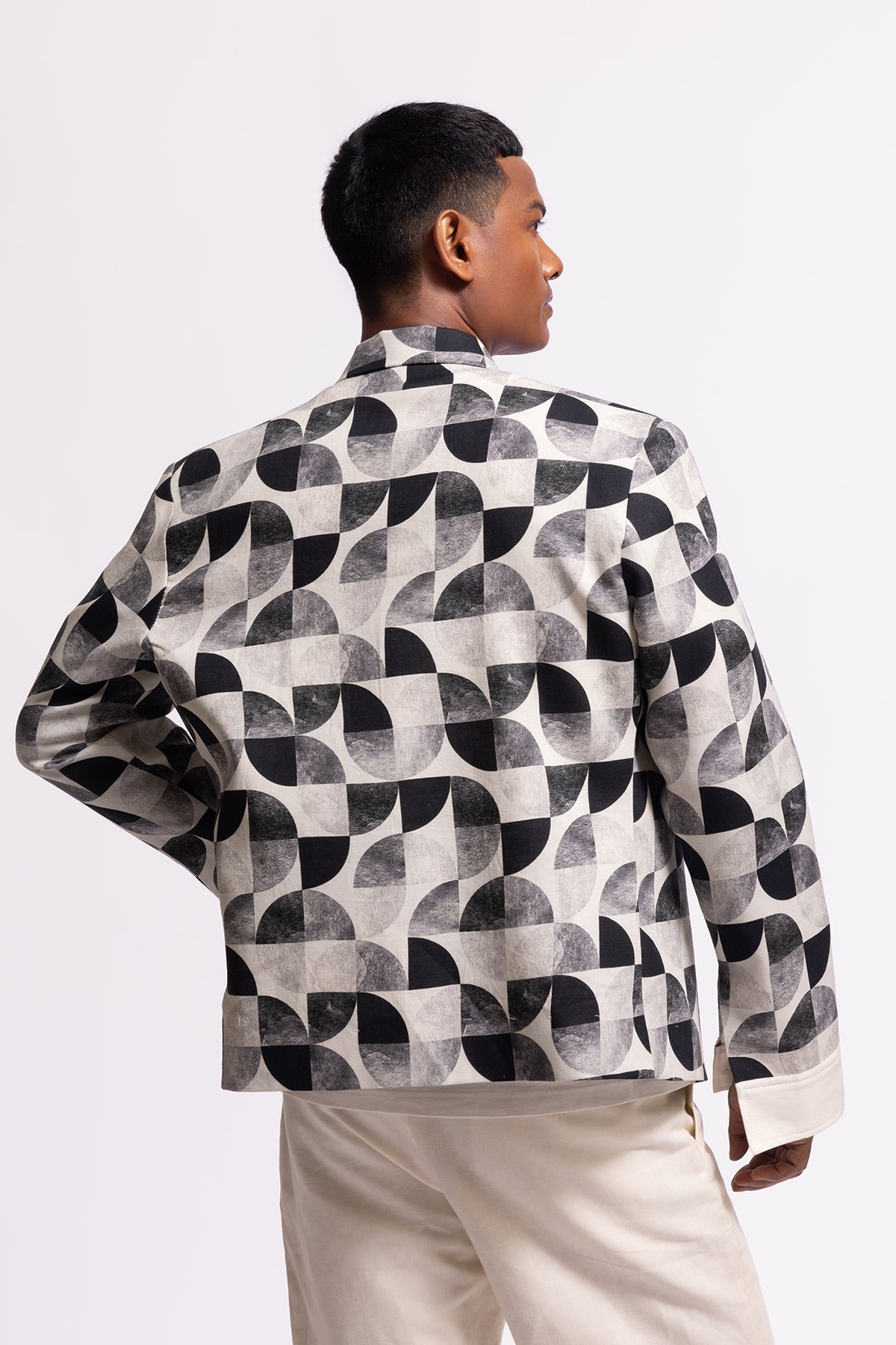 Men's Ivory Printed Linen Jacket with Pockets