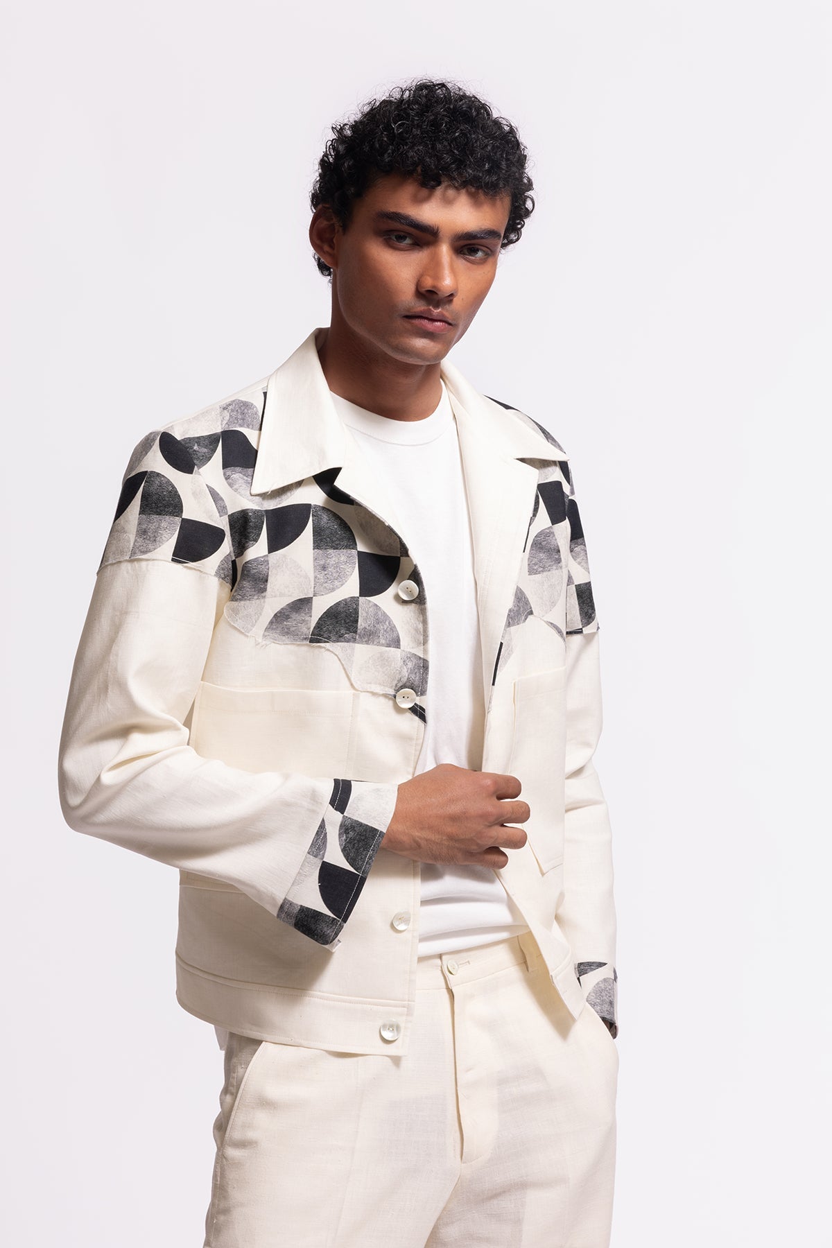 Men's Ivory Printed Linen Jacket with Pockets