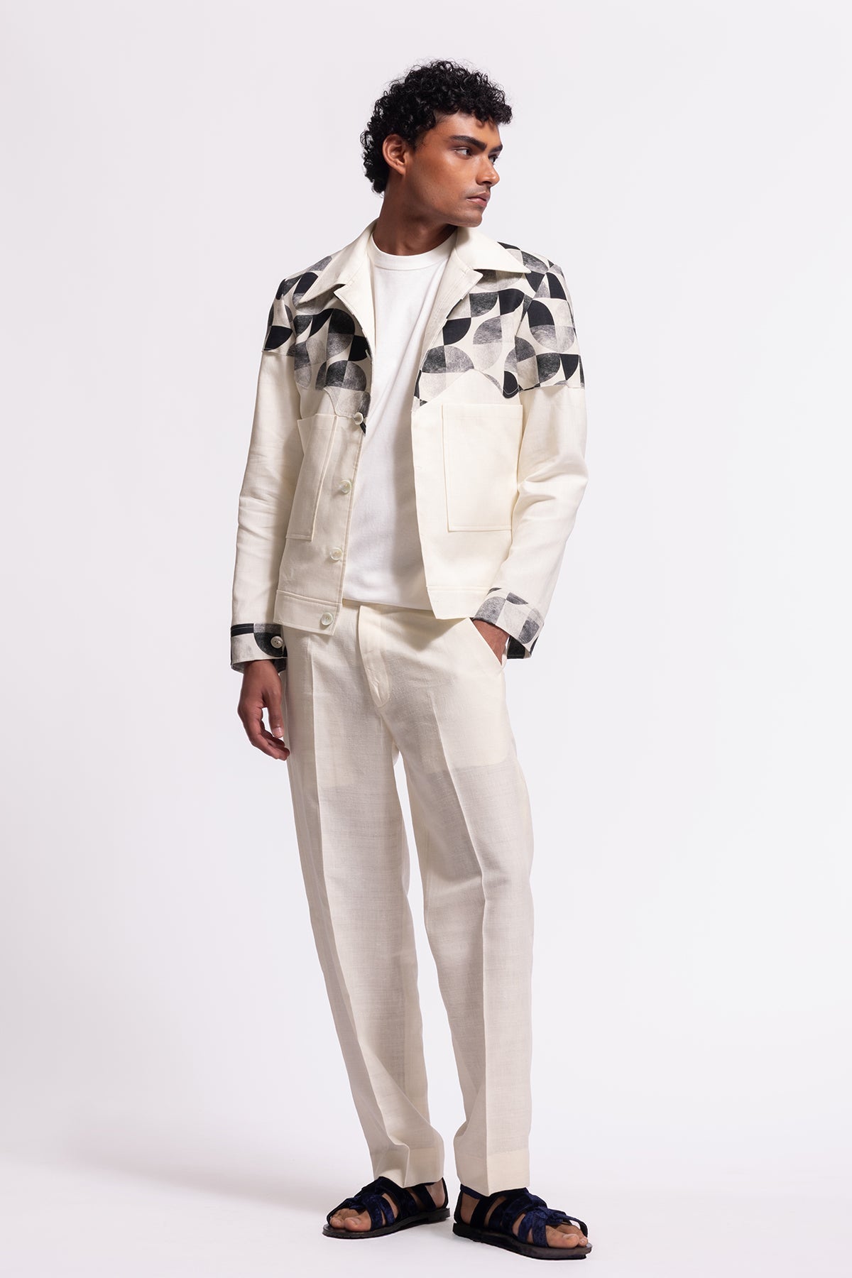 Men's Ivory Printed Linen Jacket with Pockets