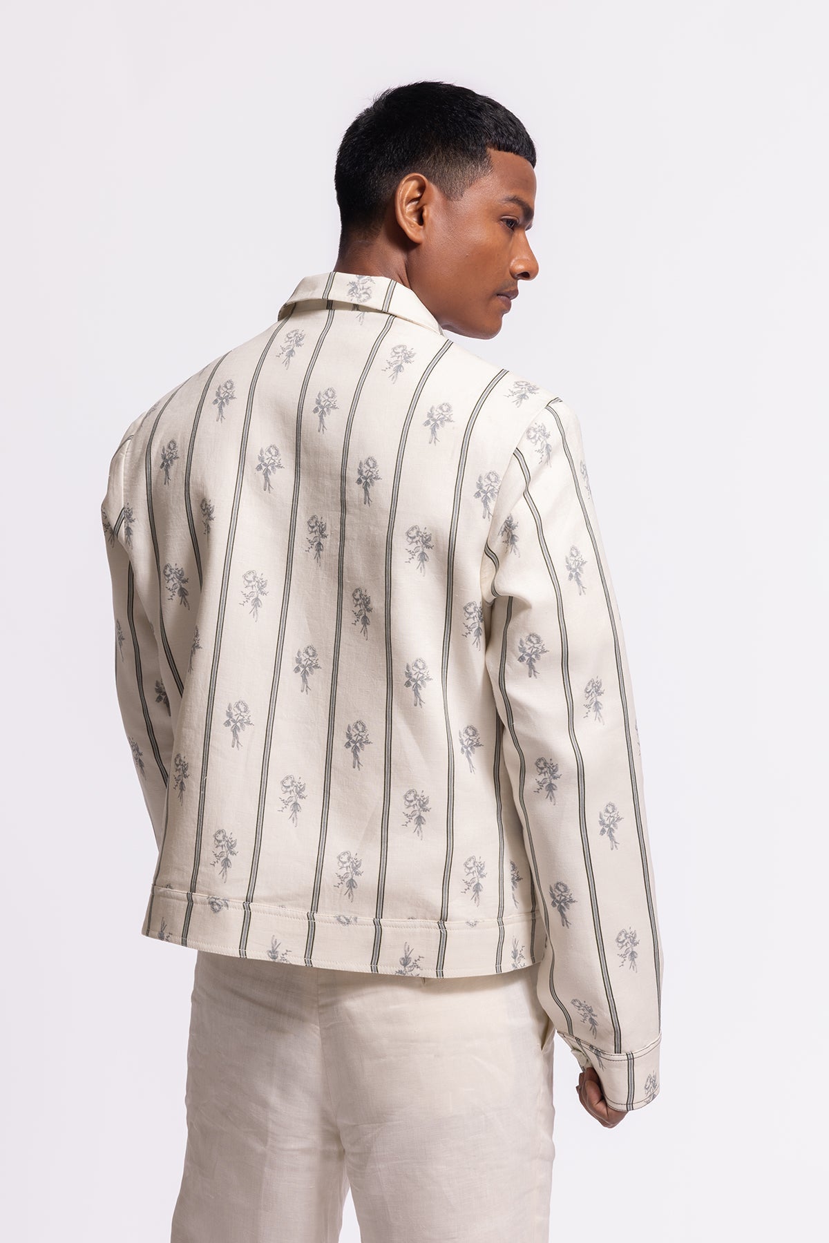 Men's Ivory Linen Jacket with Stripes and Floral Print
