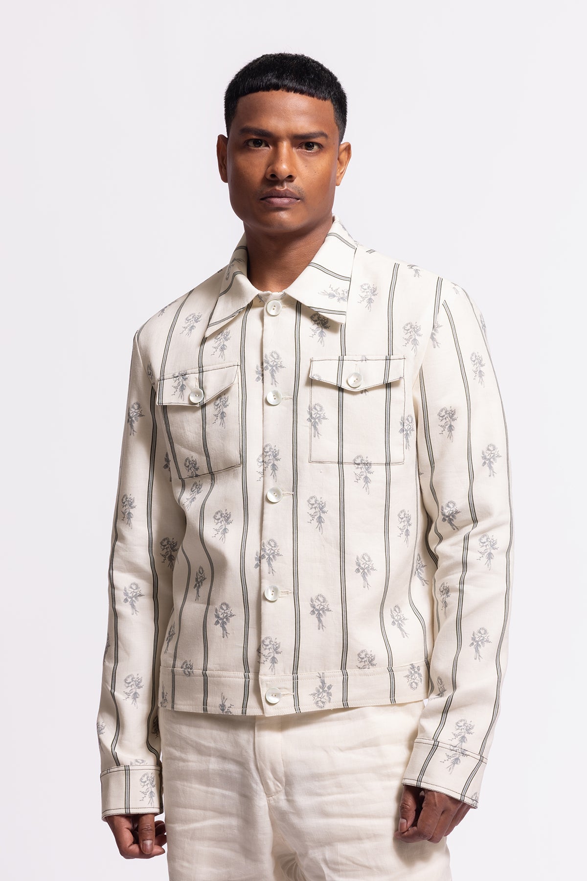 Men's Ivory Linen Jacket with Stripes and Floral Print