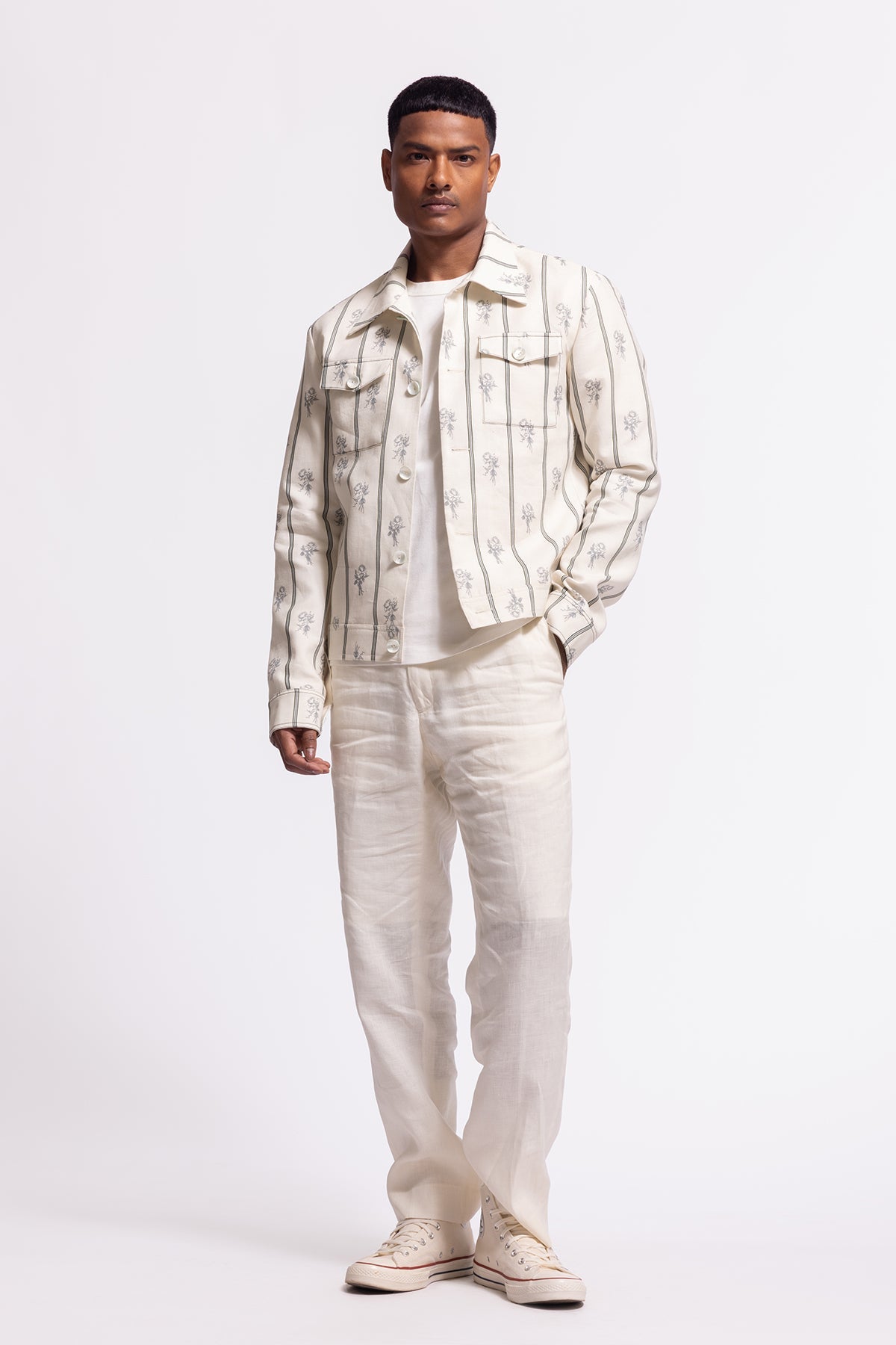 Men's Ivory Linen Jacket with Stripes and Floral Print