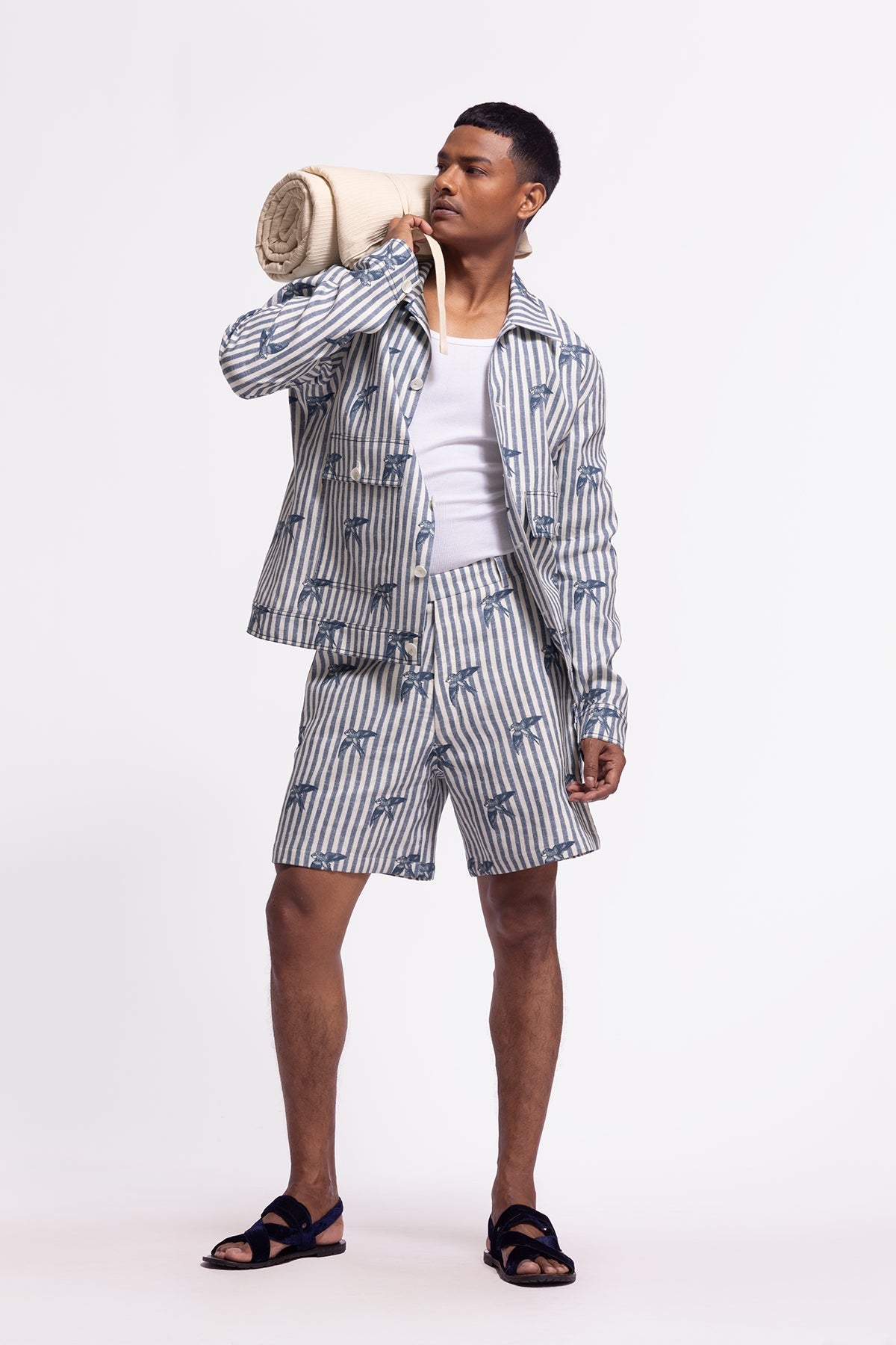 Men's Ivory Stripped & Bird Printed Jacket