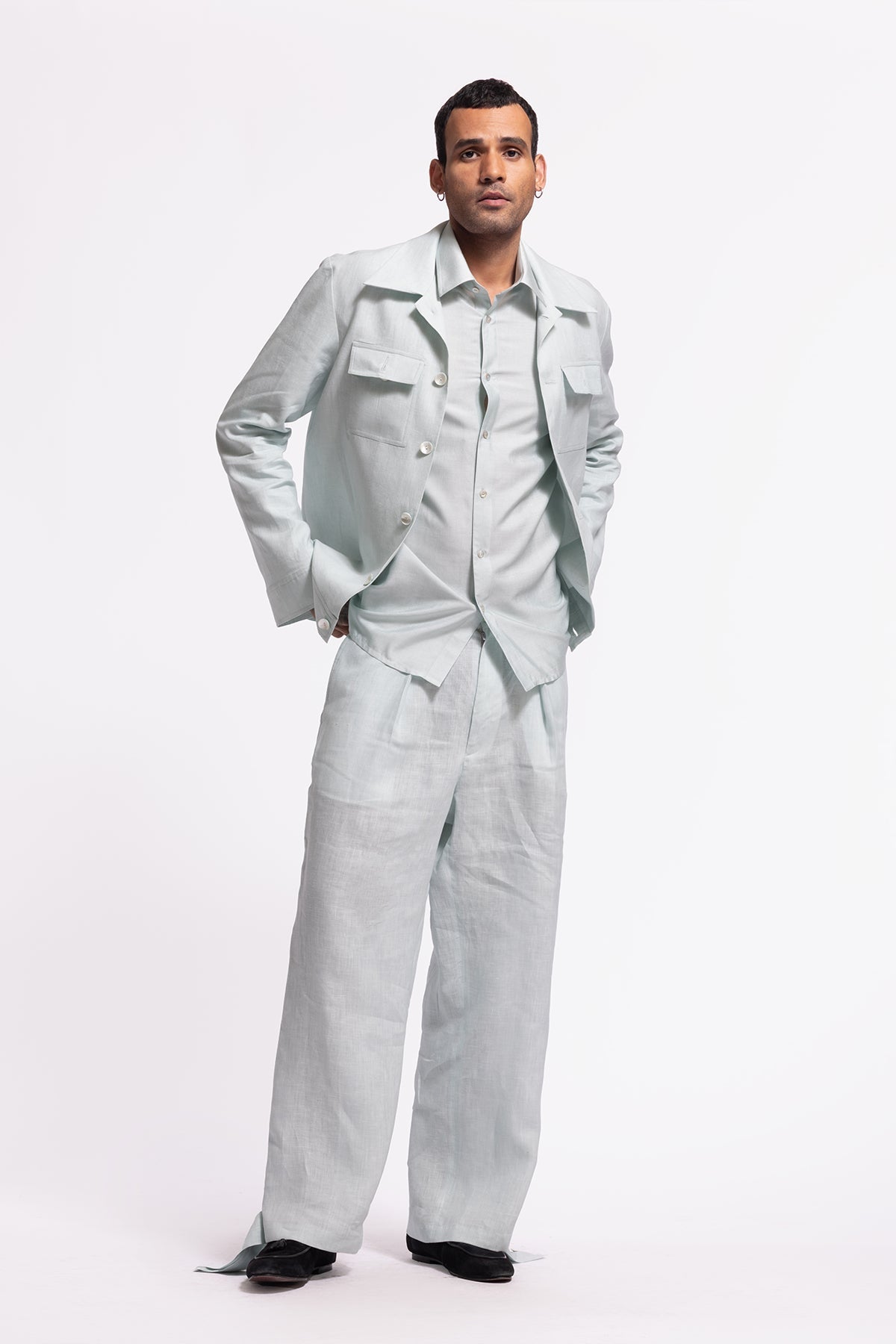 Men's Blue Linen Jacket with Pockets