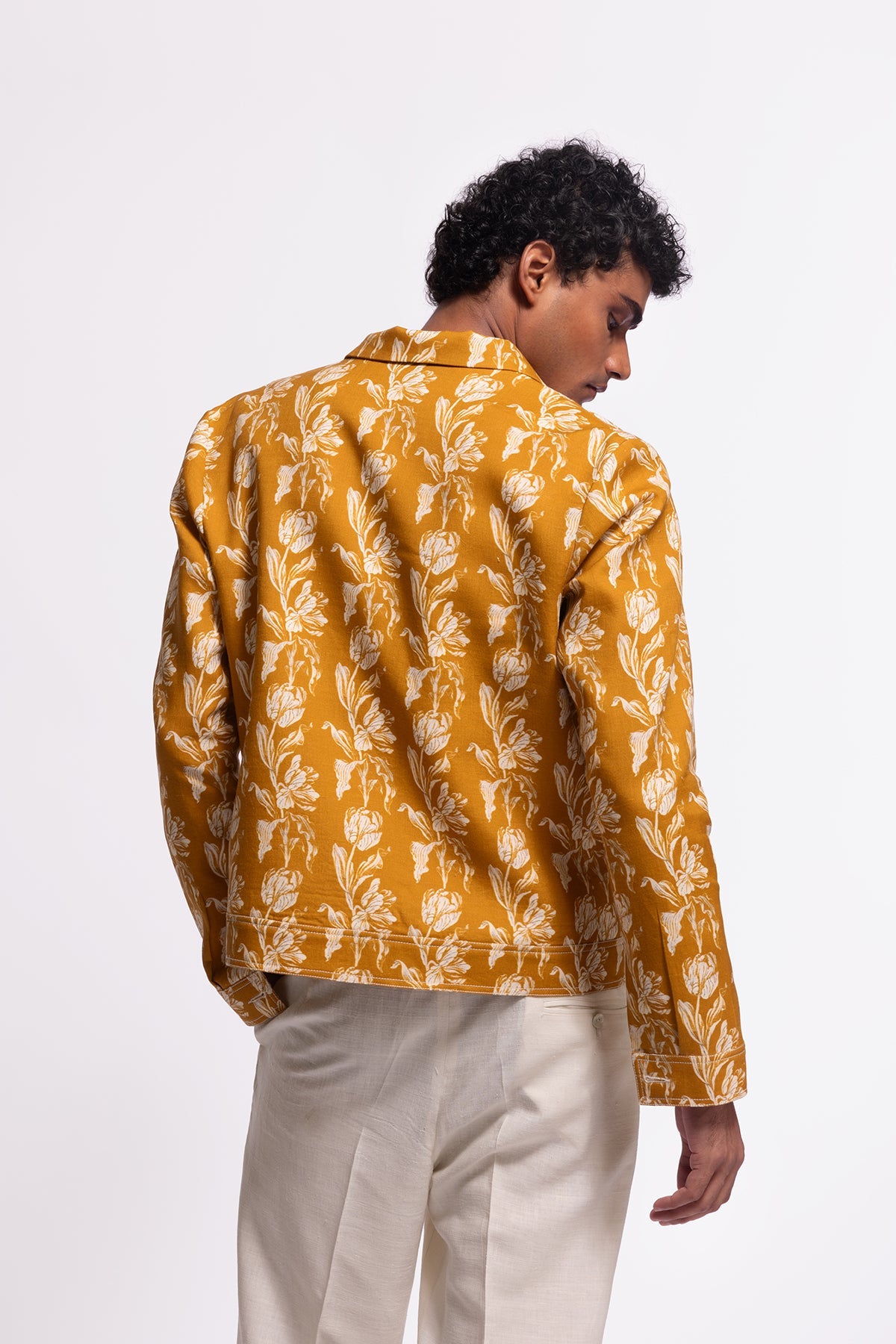 Men’s Mustard Floral Printed Linen Jacket