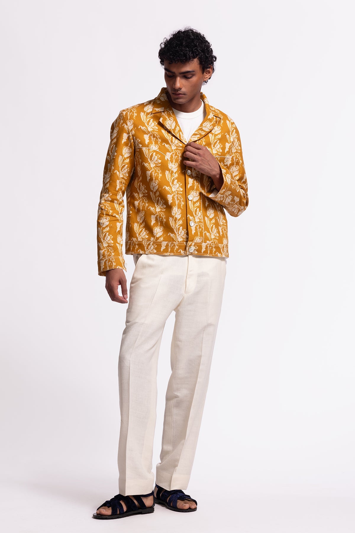 Men’s Mustard Floral Printed Linen Jacket