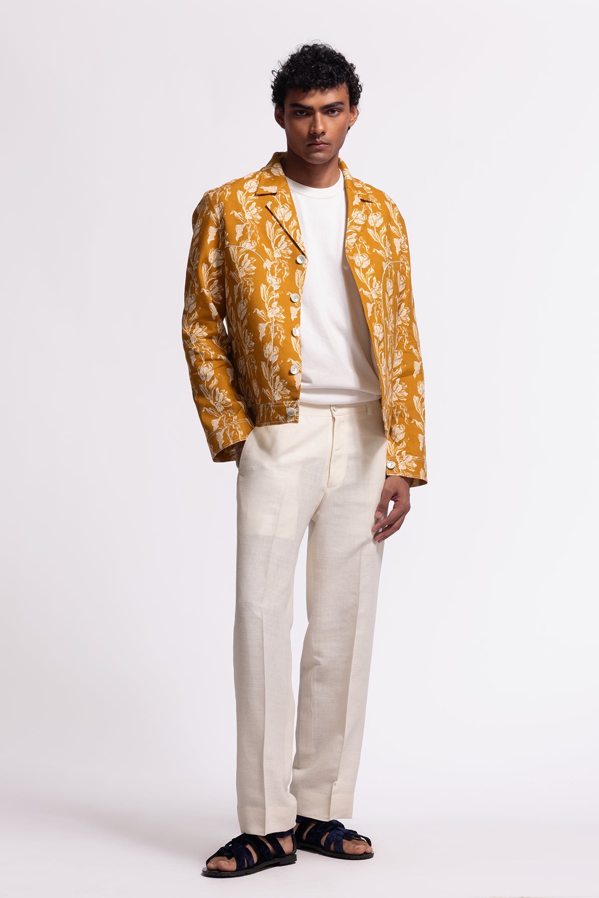 Men’s Mustard Floral Printed Linen Jacket