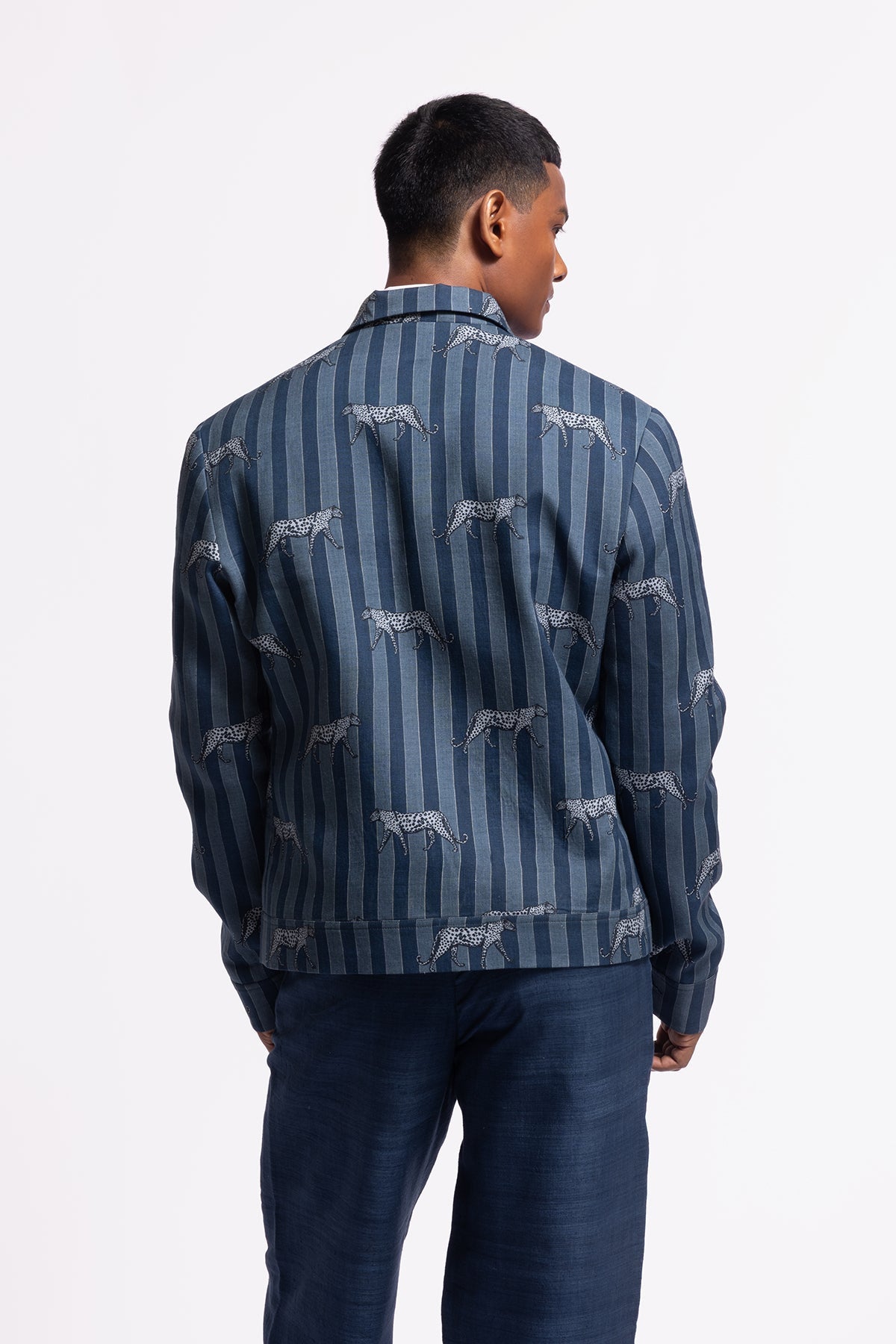Men's Striped and Printed Blue Linen Jacket