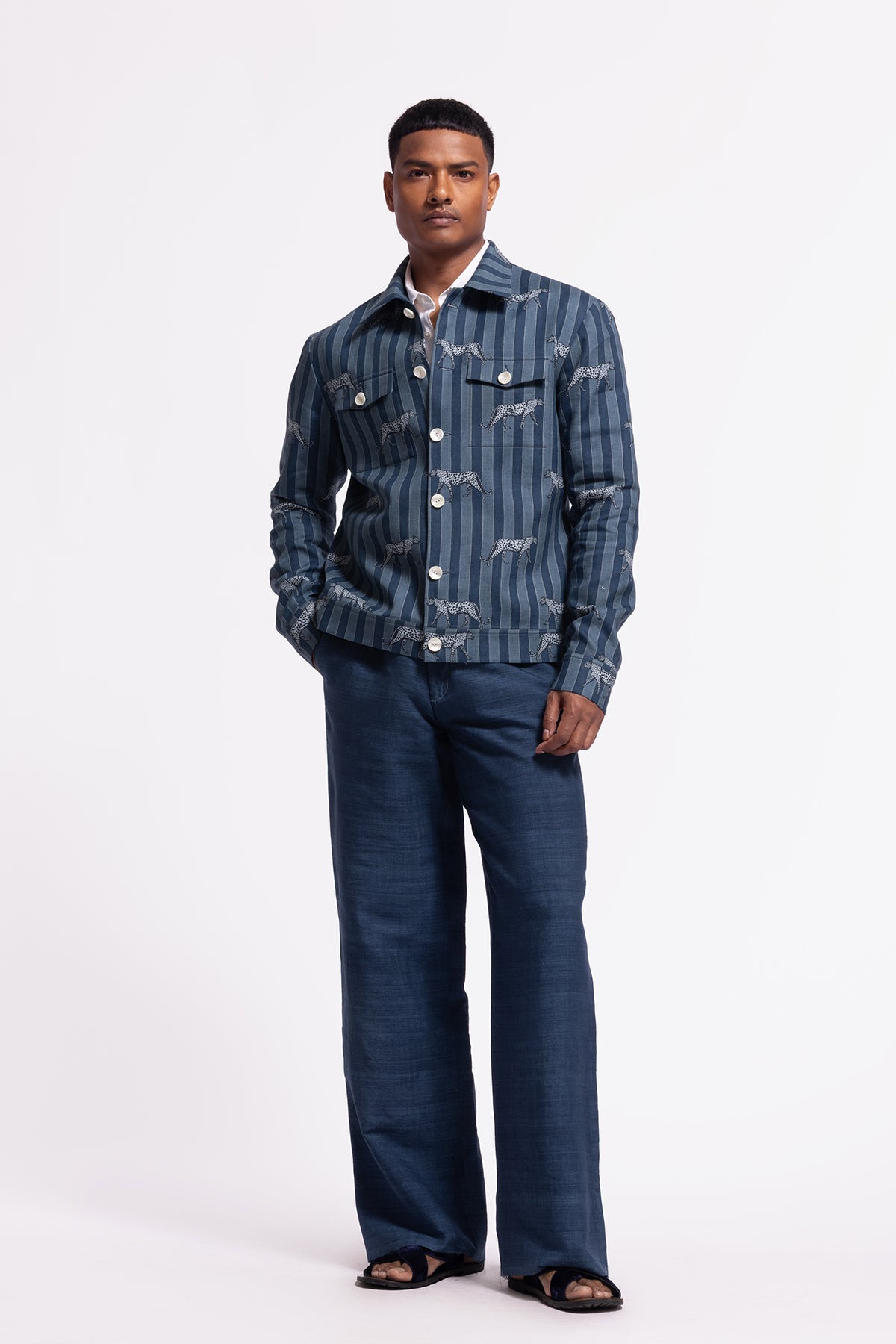 Men's Striped and Printed Blue Linen Jacket