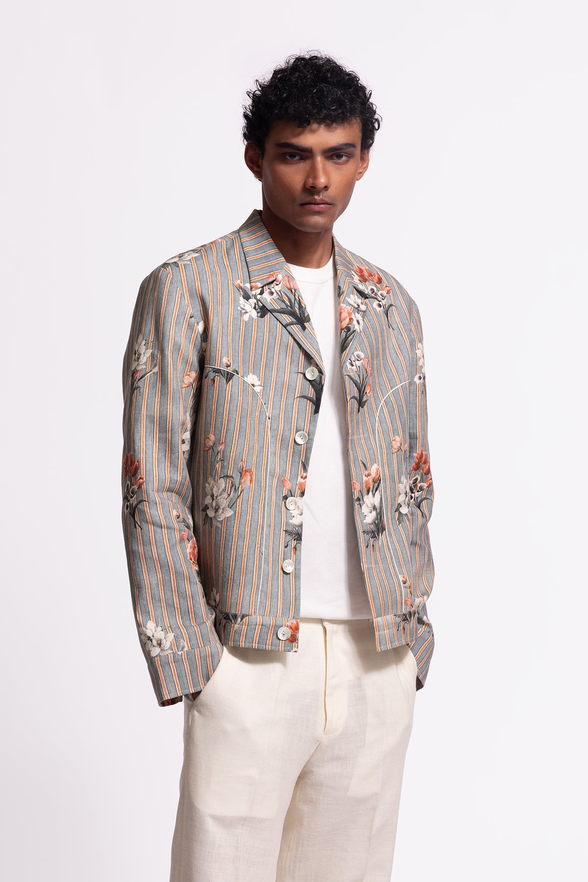 Men's Grey Striped and Floral Printed Jacket