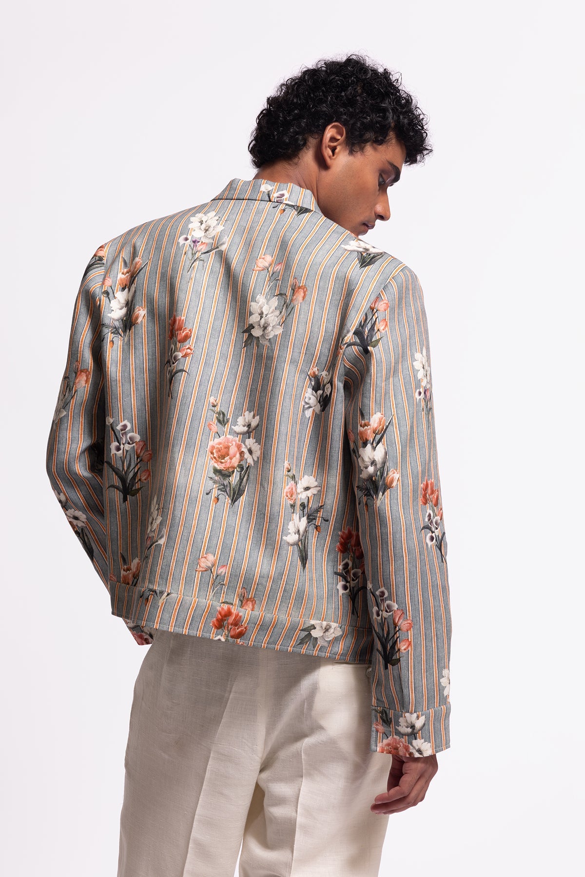 Men's Grey Striped and Floral Printed Jacket