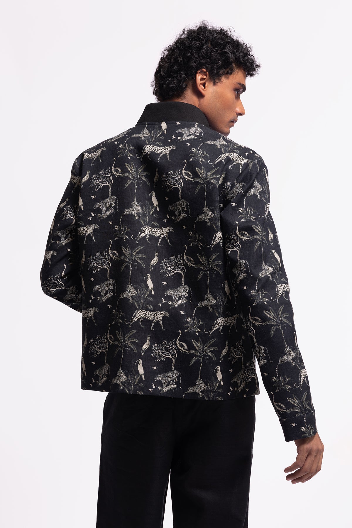 Men's Black Linen Printed Jacket with zip