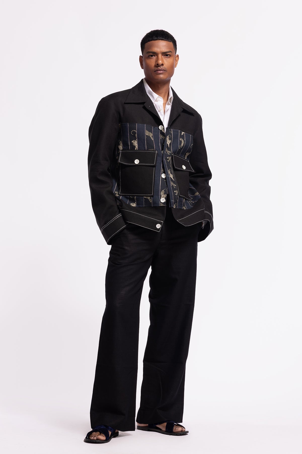 Men's Black Linen Printed Jacket with Pockets