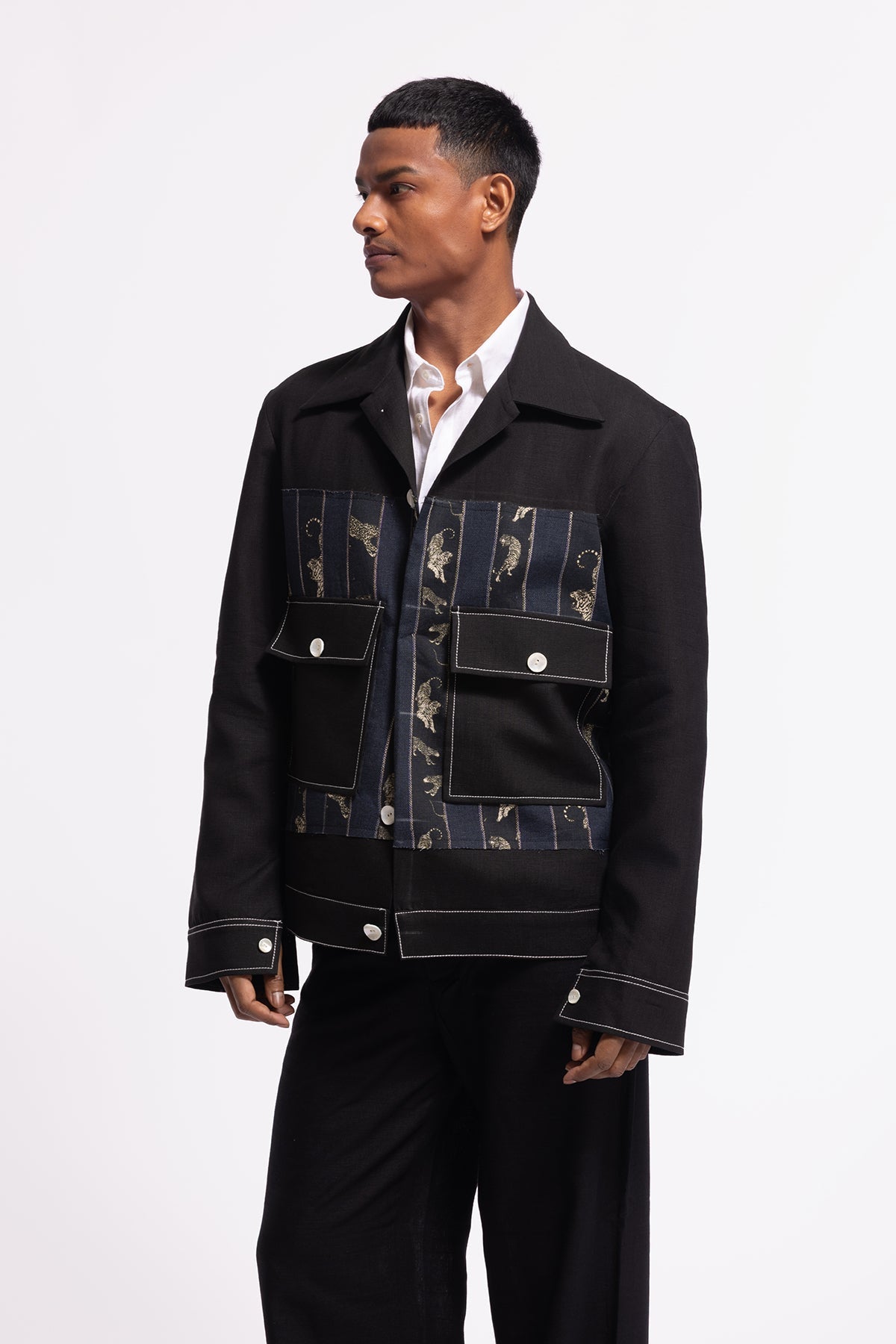 Men's Black Linen Printed Jacket with Pockets
