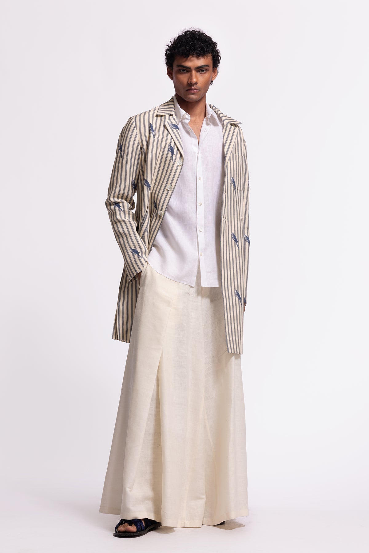 Men's Ivory Bird Printed Long Jacket