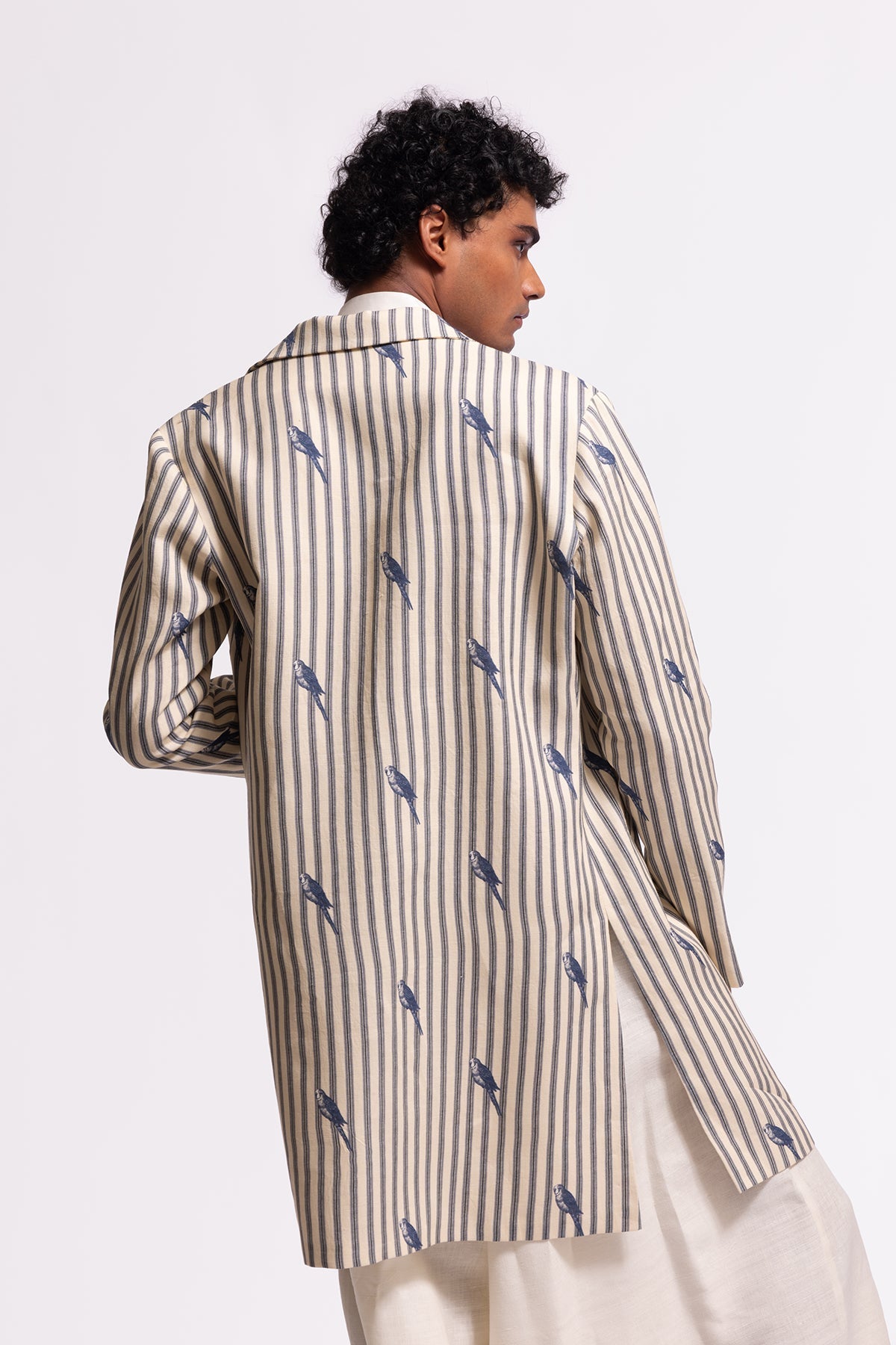 Men's Ivory Bird Printed Long Jacket