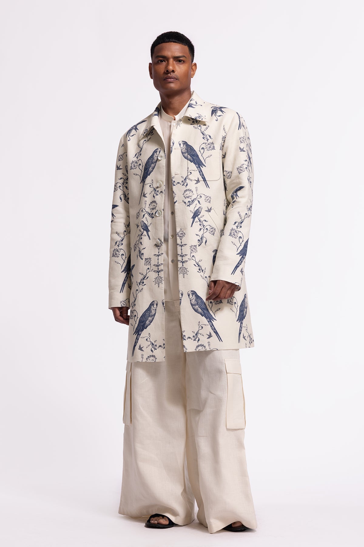Men's Ivory Bird-Printed Long Jacket with Pockets