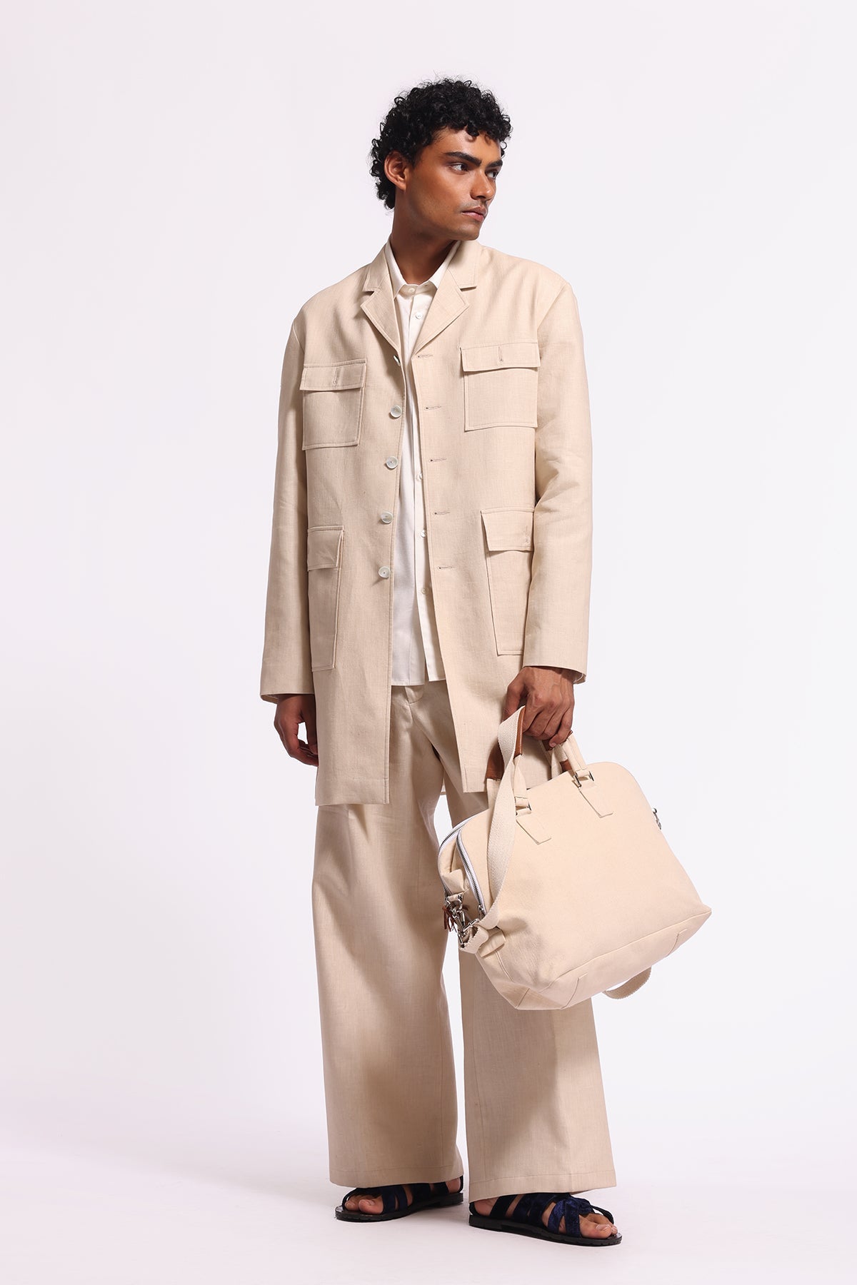 Men's Plain Ivory Long Jacket with Pocket