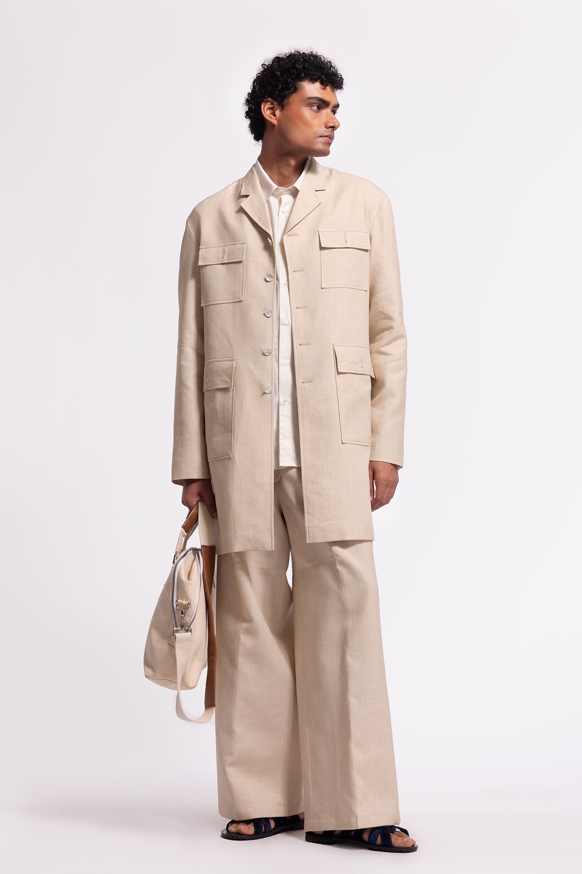 Men's Plain Ivory Long Jacket with Pocket