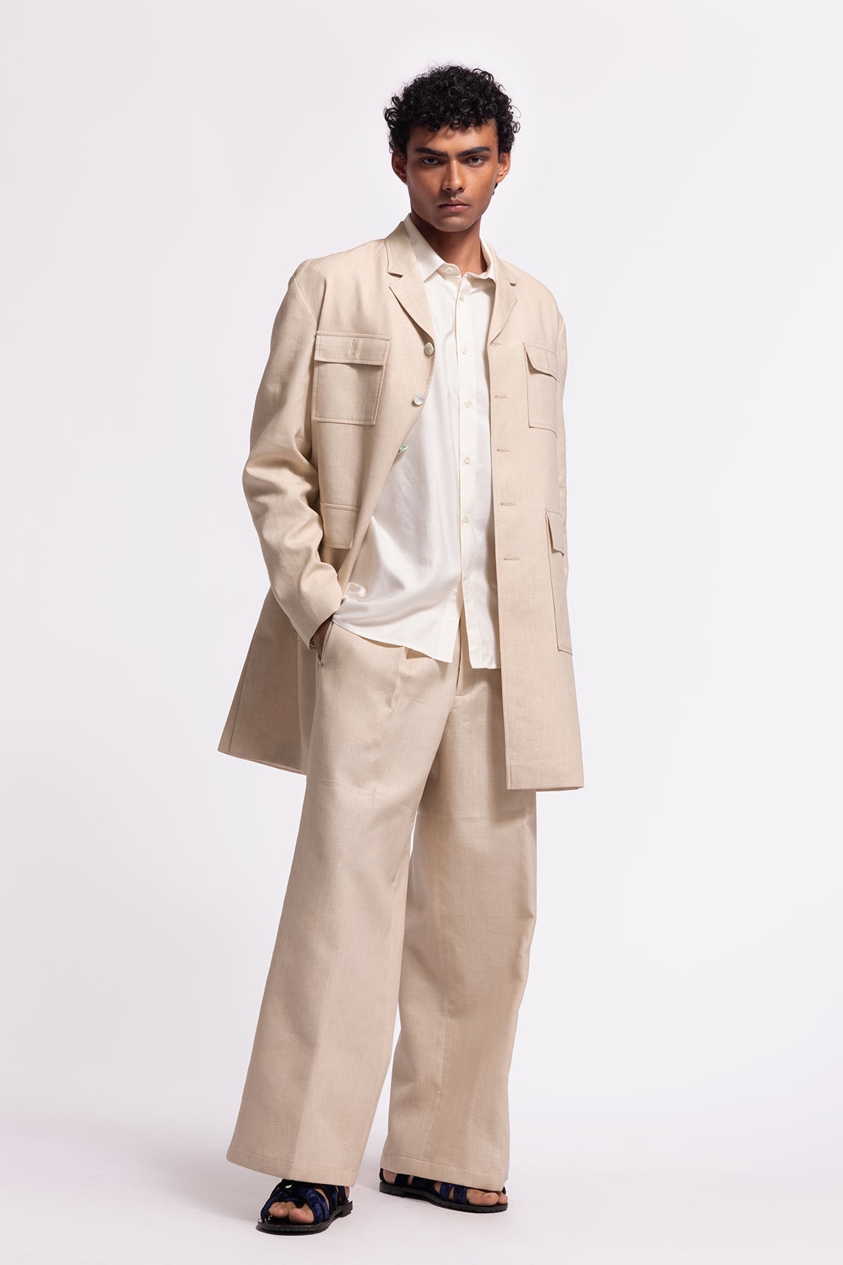Men's Plain Ivory Long Jacket with Pocket