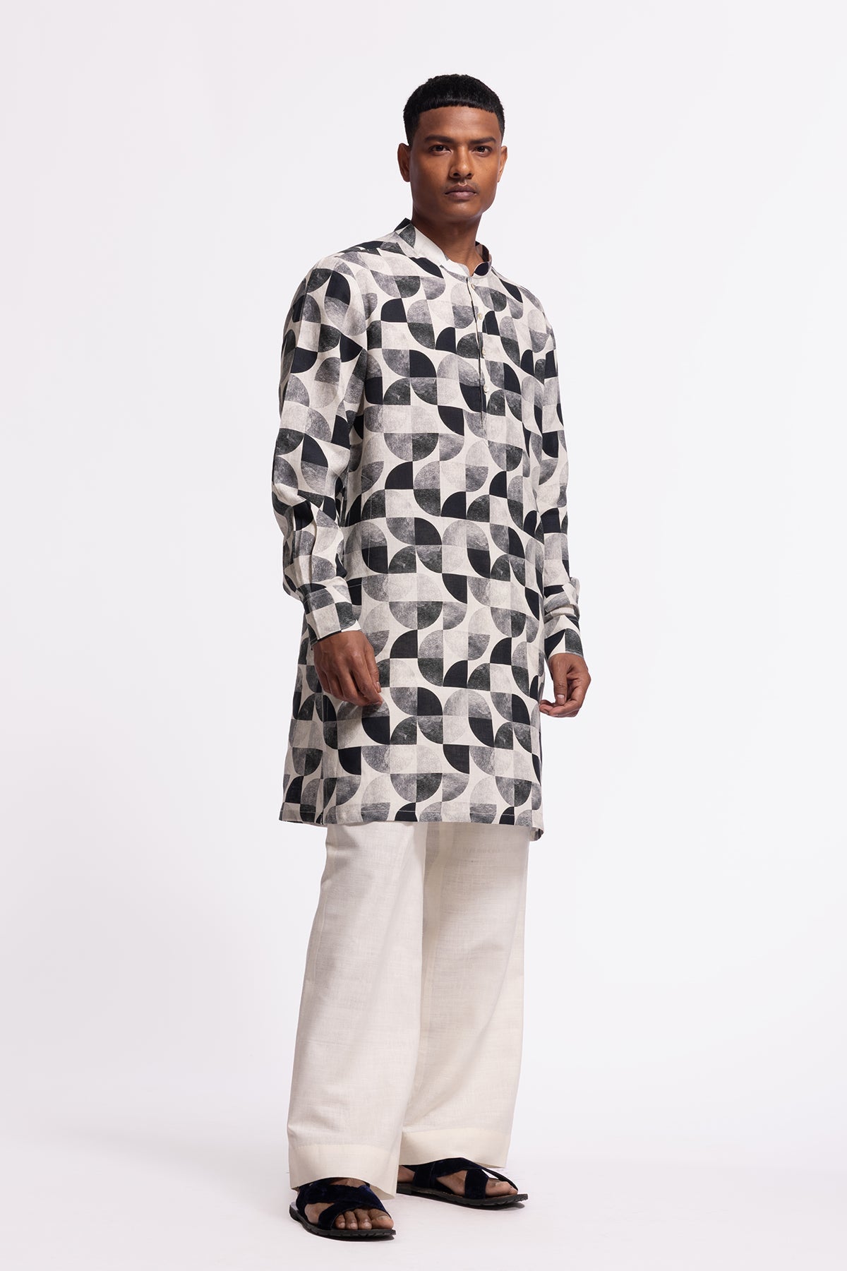 Men's Printed Linen Short Kurta