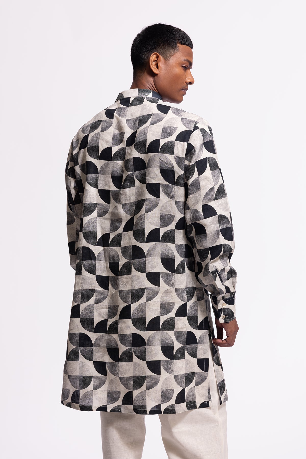 Men's Printed Linen Short Kurta
