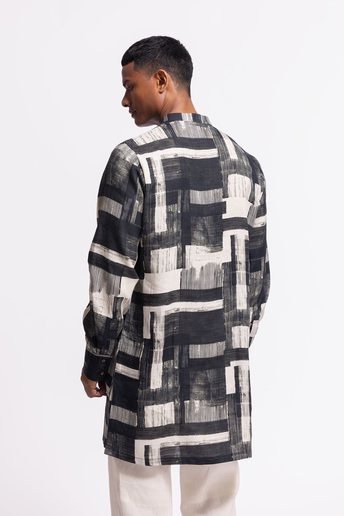 Men's Printed Linen Short Kurta