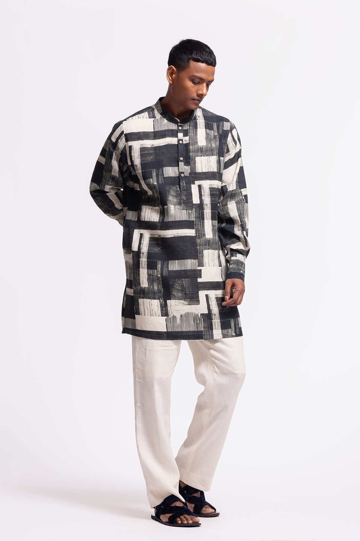 Men's Printed Linen Short Kurta